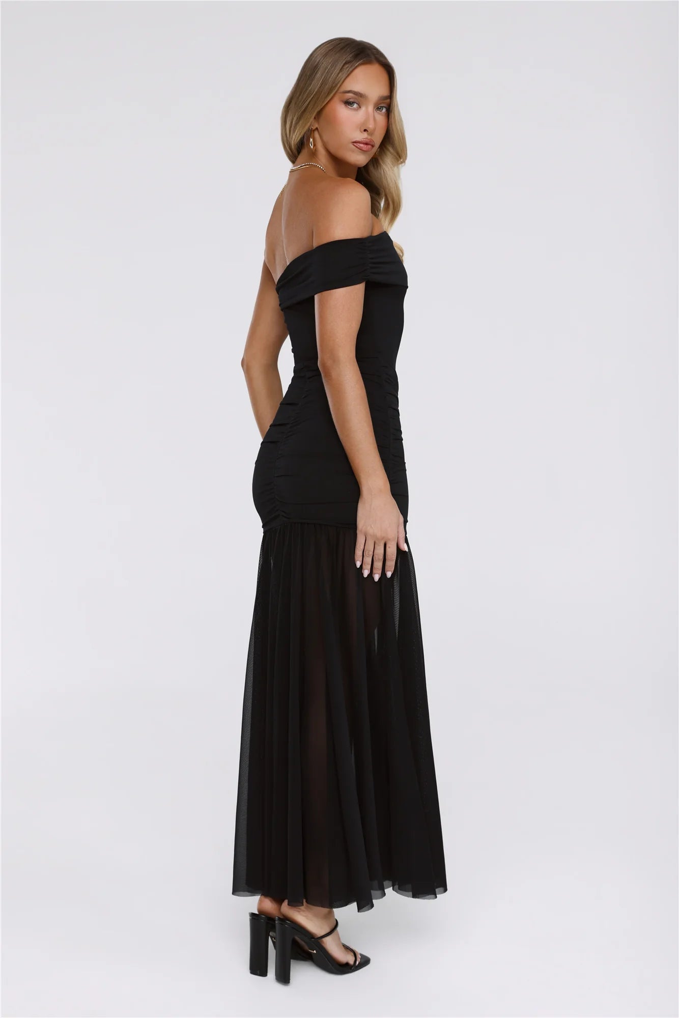 Moonlit Whisper One Shoulder Mesh Maxi Dress Black