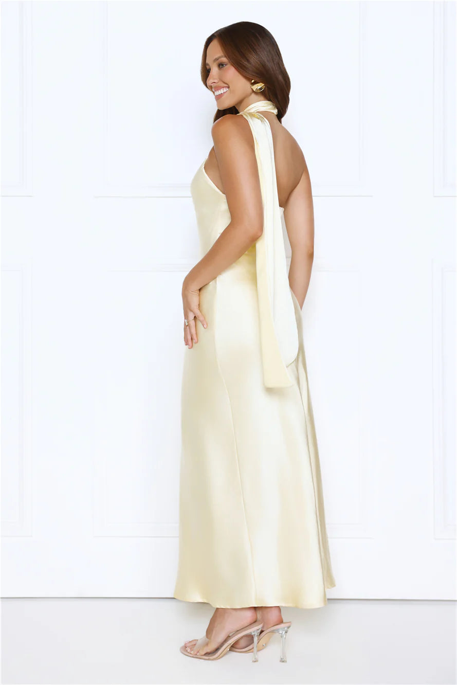 Dream Luxe Halter Satin Maxi Dress Yellow
