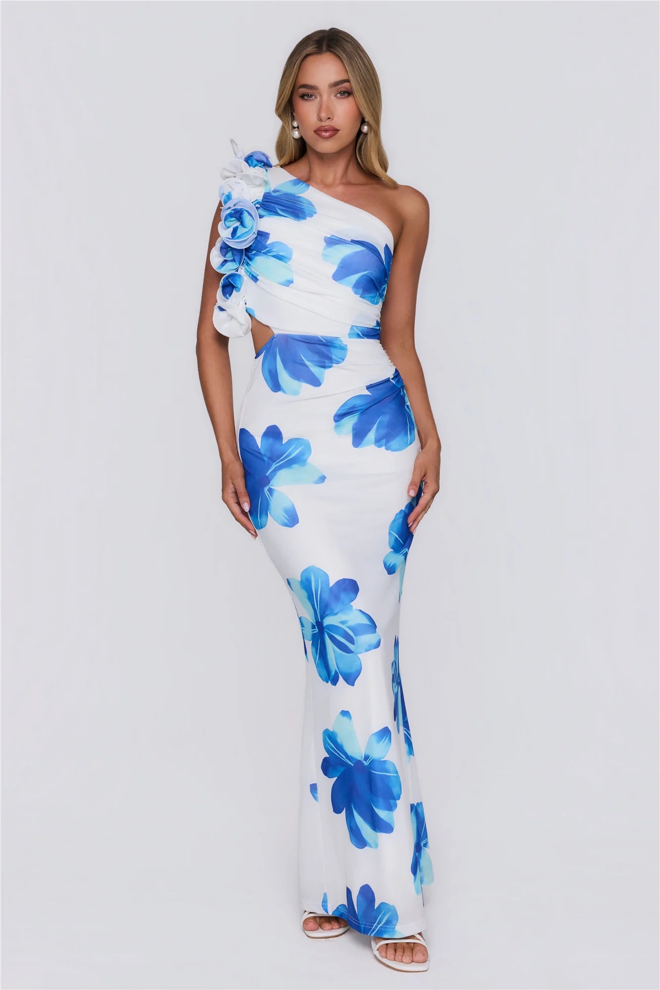 Dream Petals One Shoulder Maxi Dress Blue