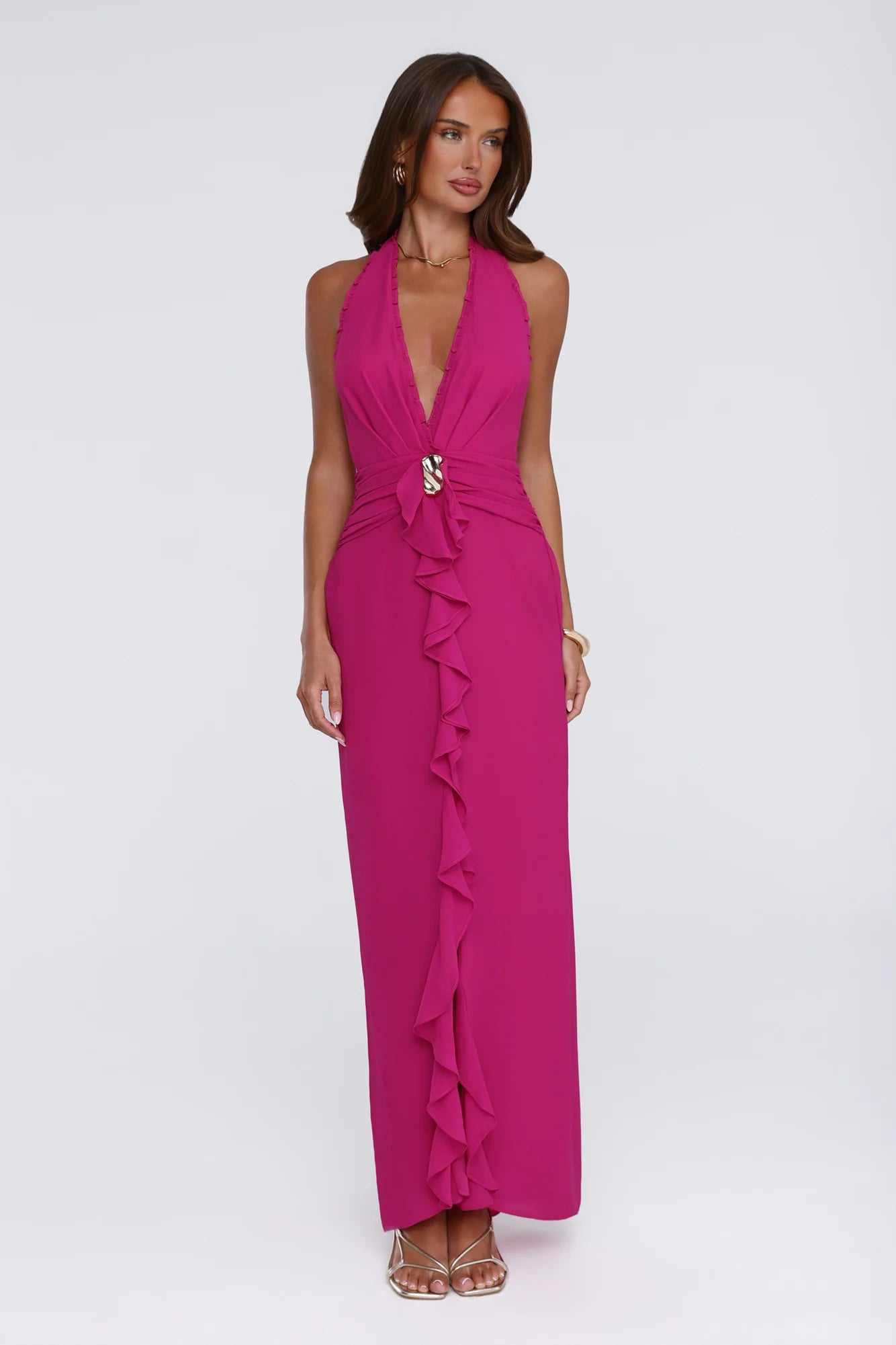 Sea Glass Nights Halter Maxi Dress Fuchsia