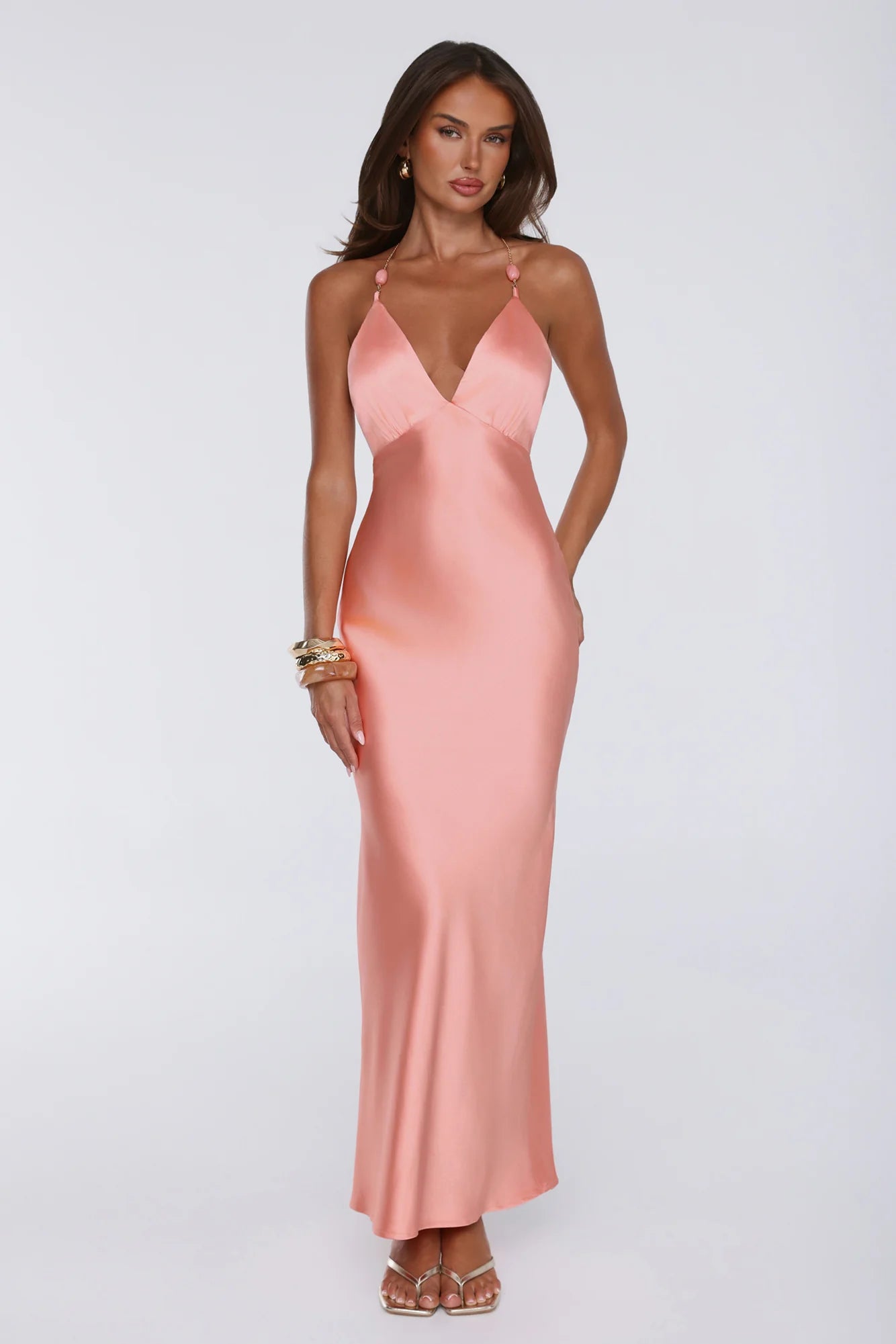 Pearl Indulgence Satin Maxi Dress Peach
