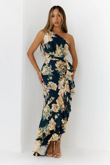 Floral One Shoulder Cutout Maxi Dress Navy