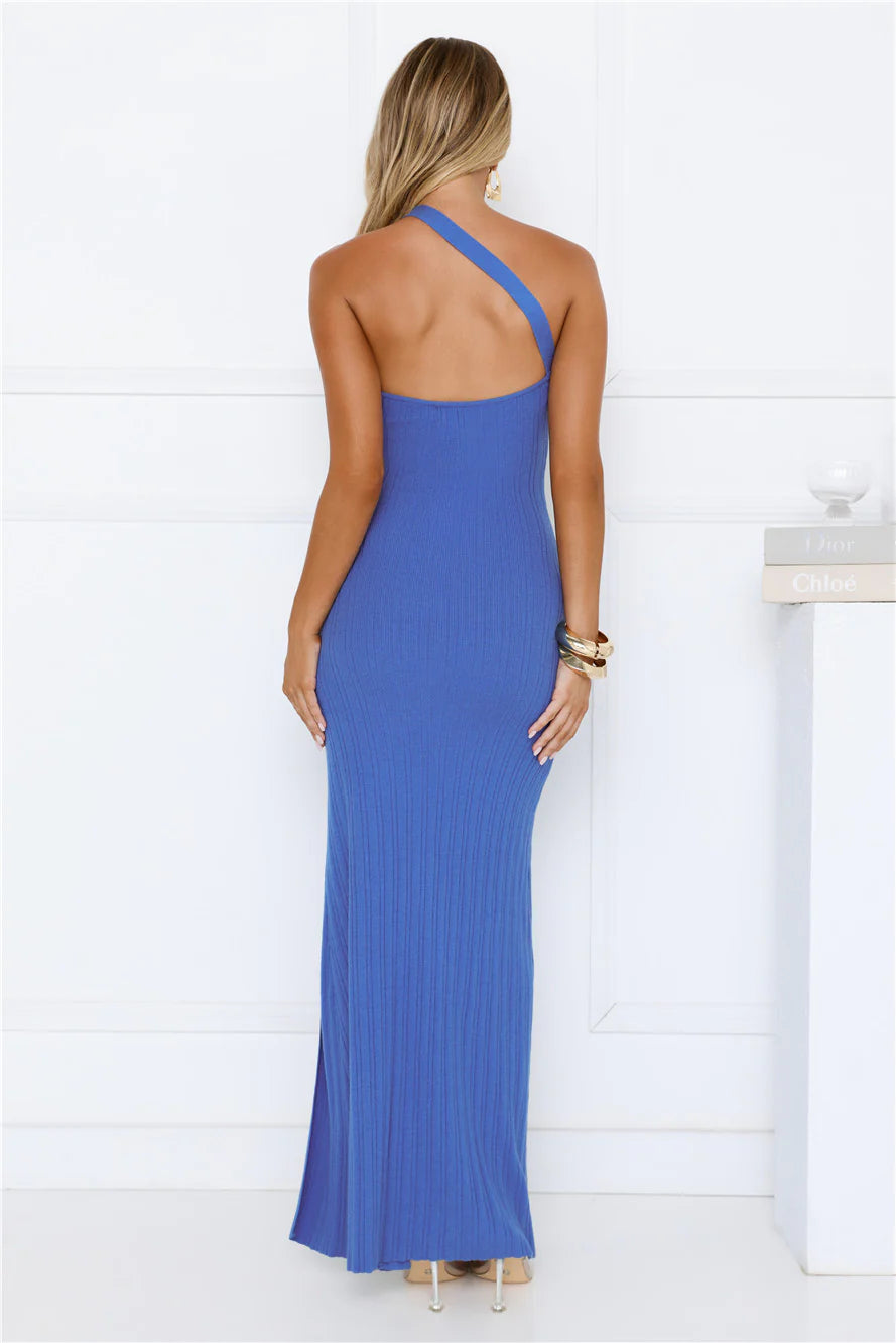 Sunlit Whimsy One Shoulder Ribbed Maxi Dress Blue