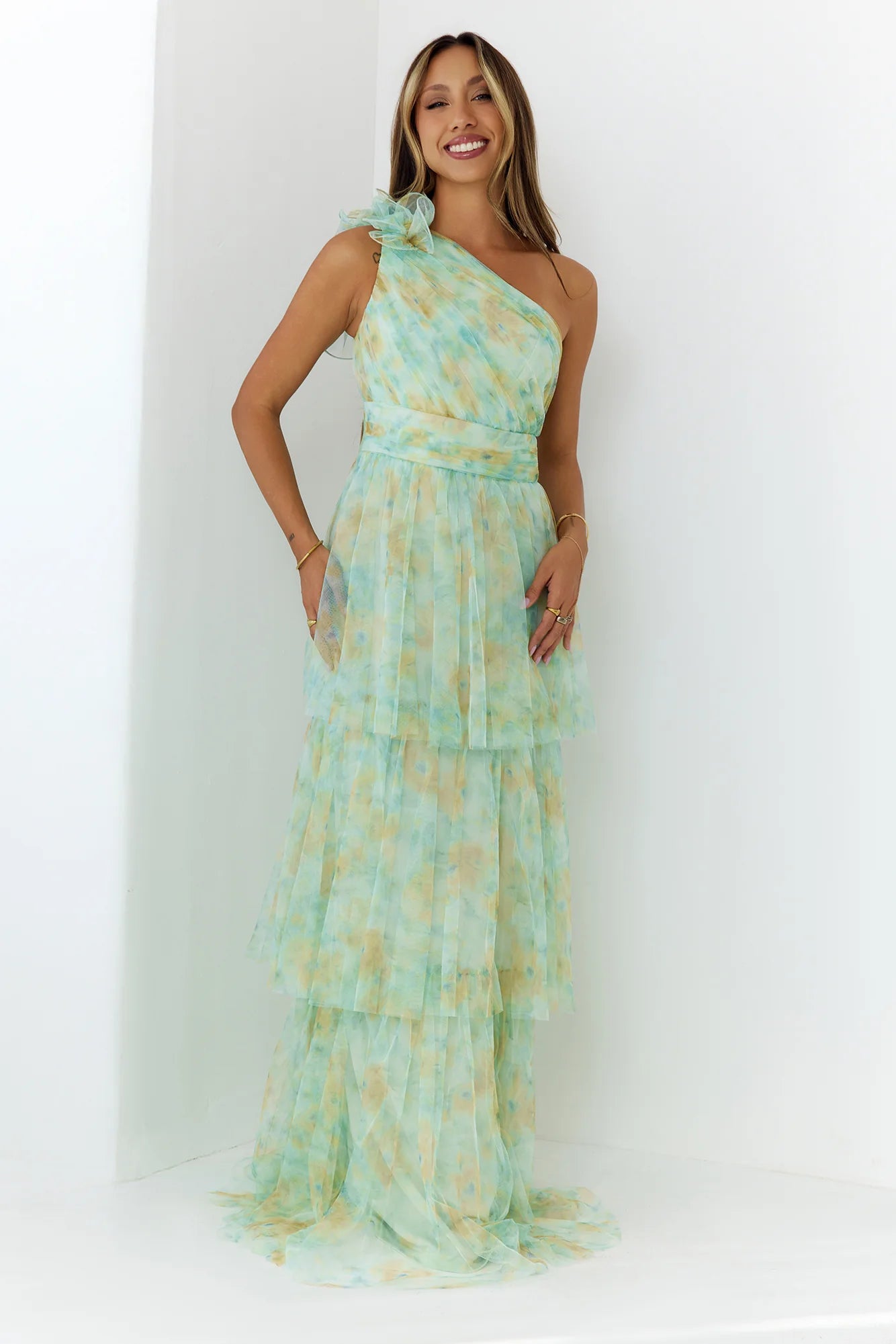 Bloom And Flow One Shoulder Tiered Maxi Dress Green