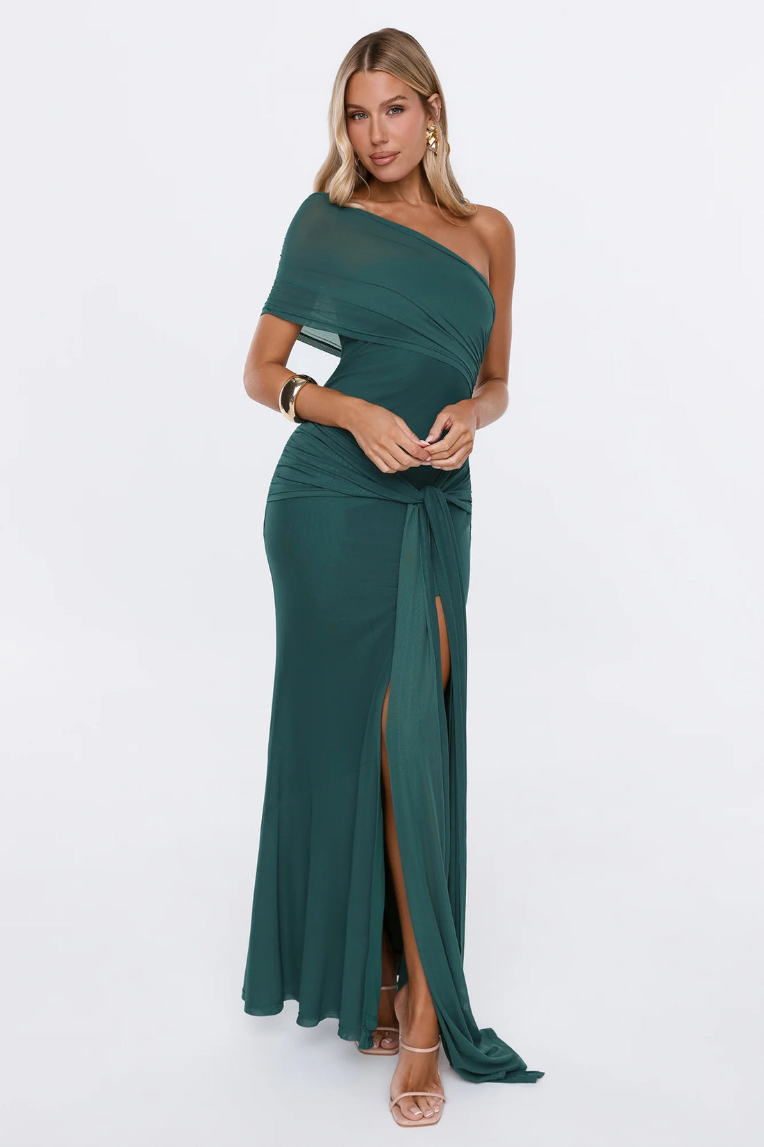 Rose And Moon One Shoulder Mesh Maxi Dress Teal