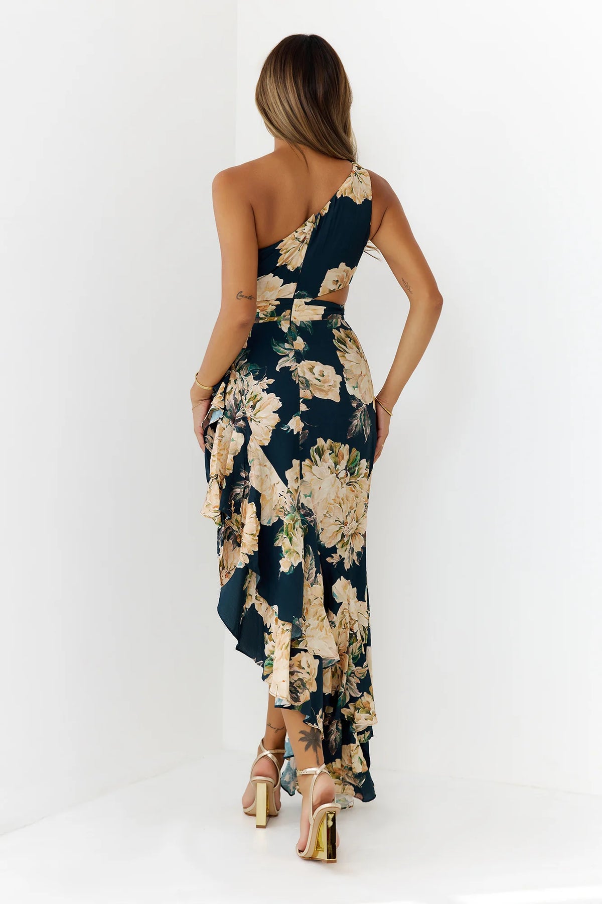 Floral One Shoulder Cutout Maxi Dress Navy