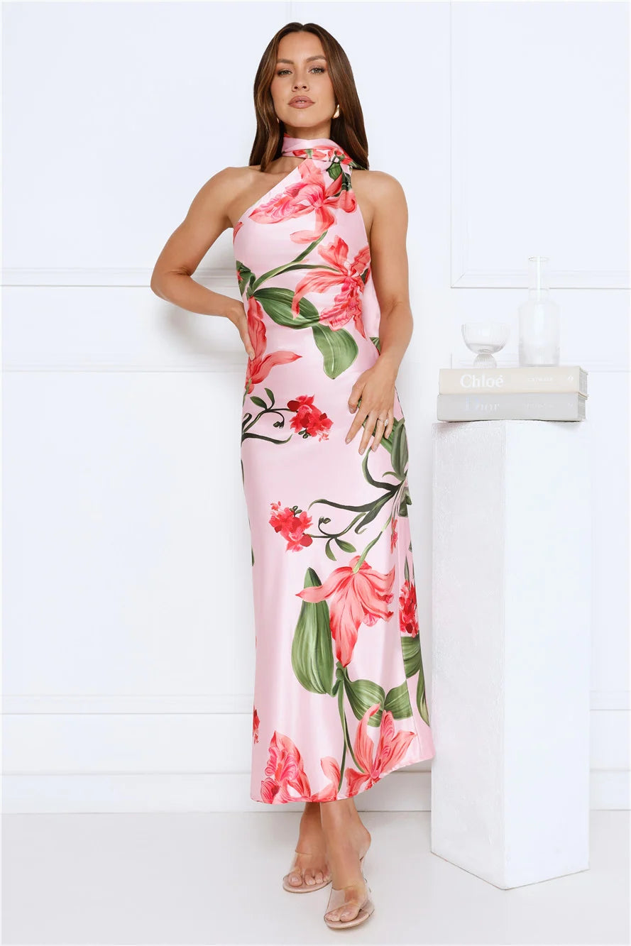 Romance In Bloom Satin Maxi Dress Pink
