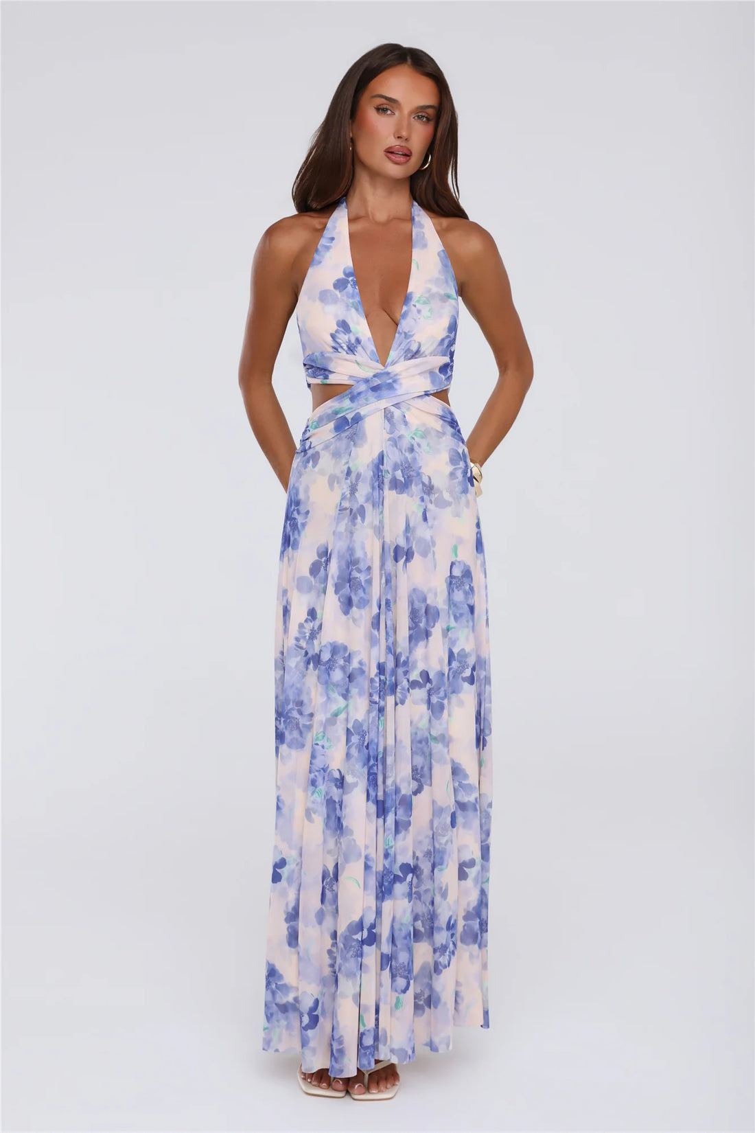 Afternoon In Azaleas Halter Maxi Dress Blue