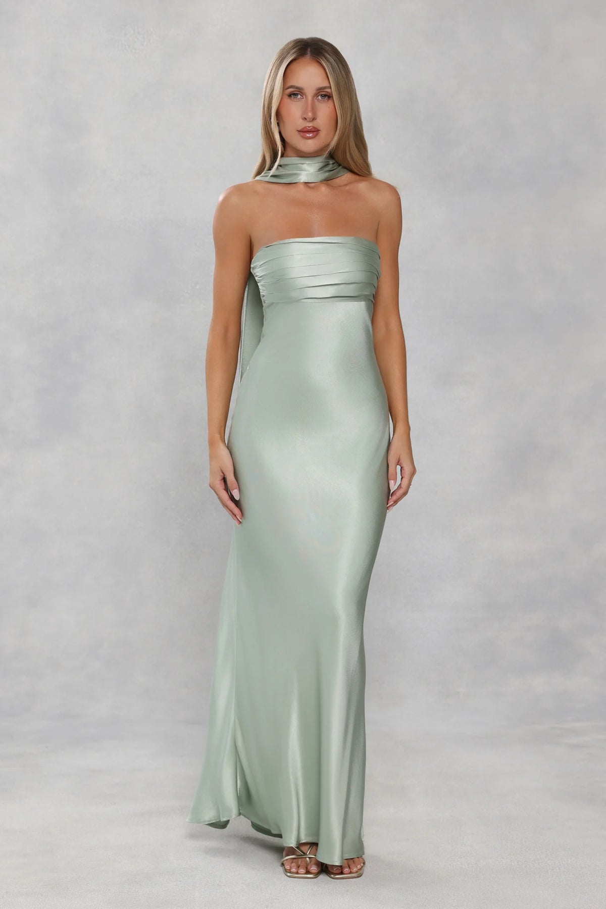 The Seraphina Strapless Satin Maxi Dress Sage Green