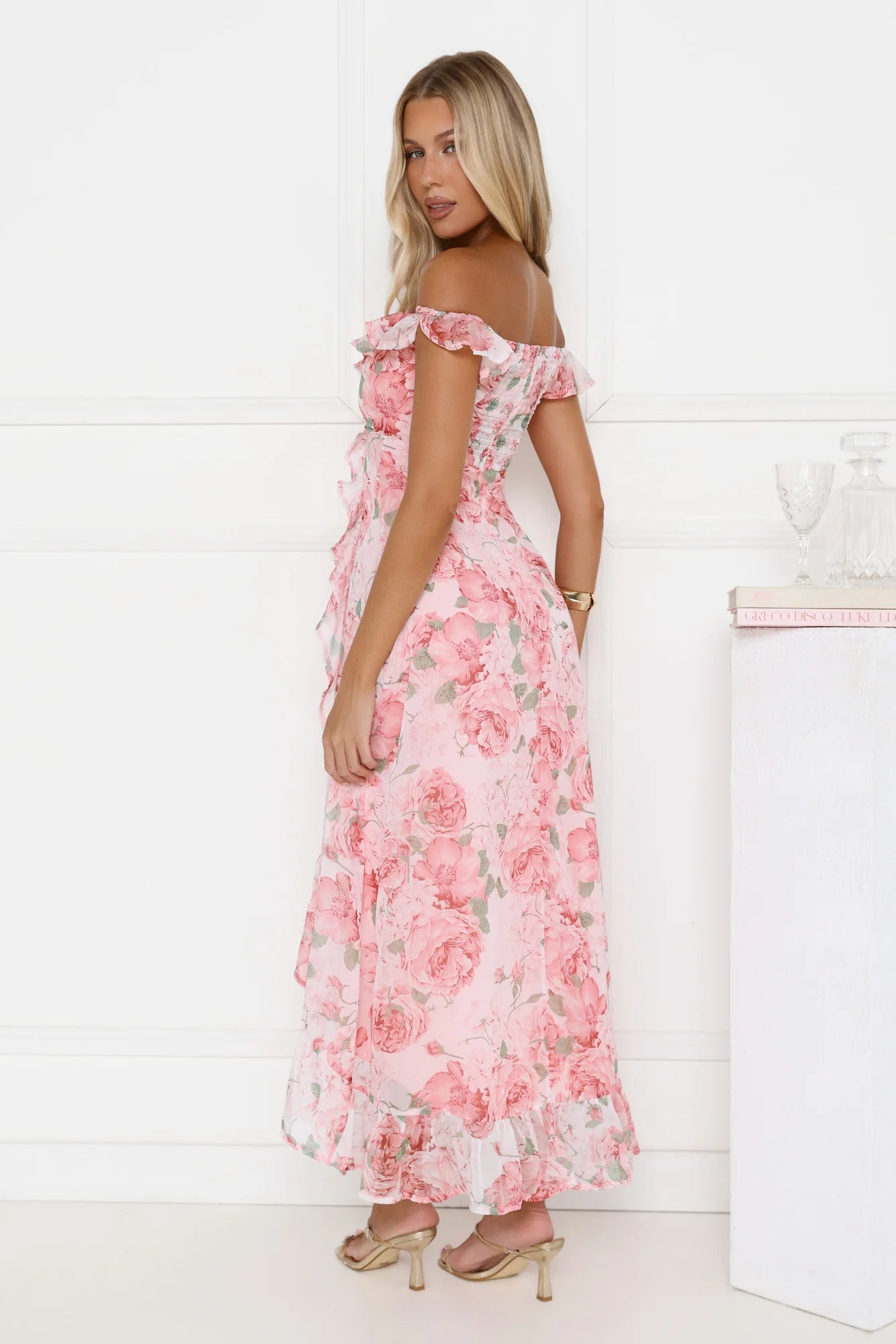 Whispering Blossoms Off Shoulder Maxi Dress Pink