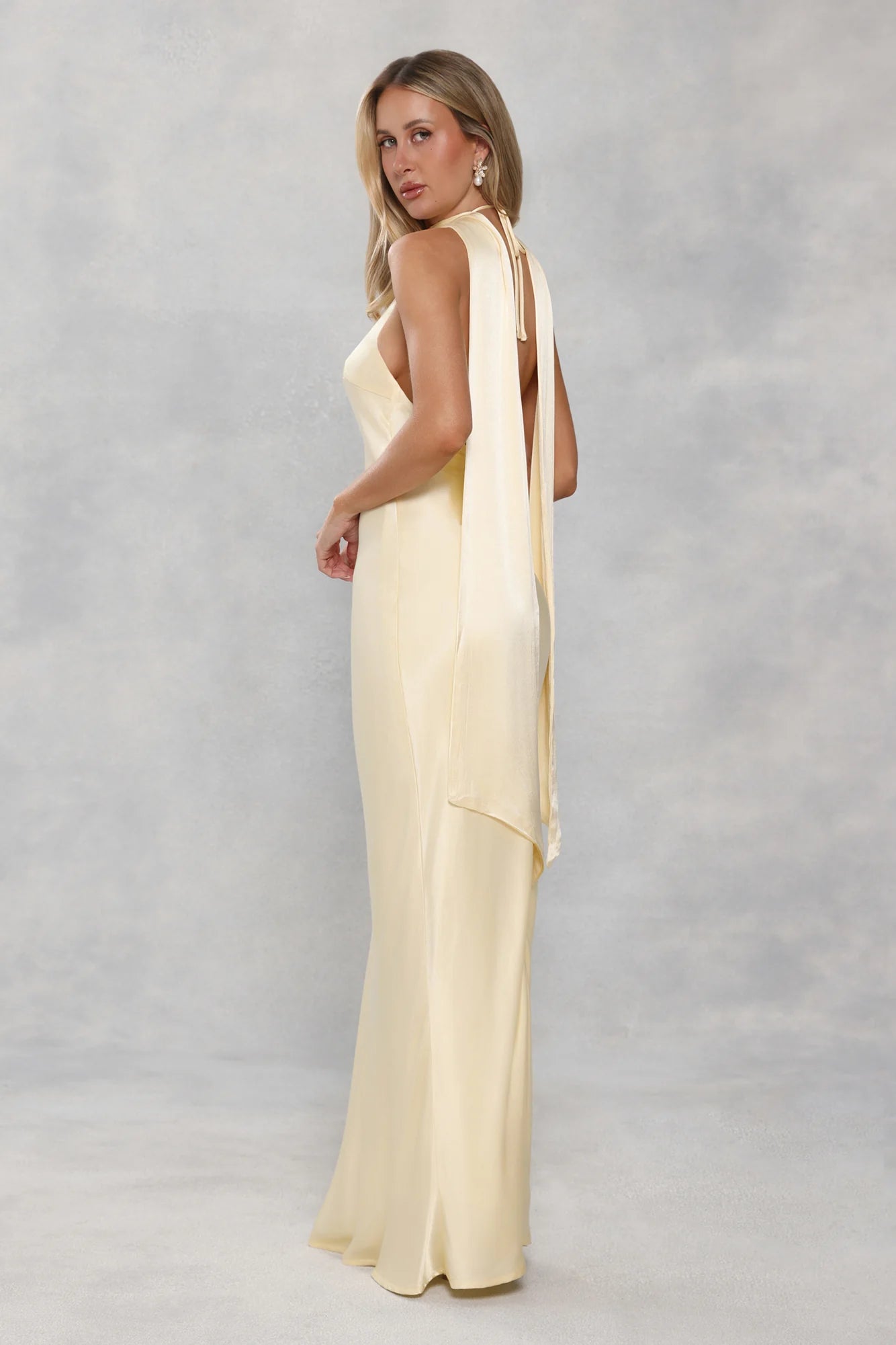 The Vivia Halter Satin Maxi Dress Yellow