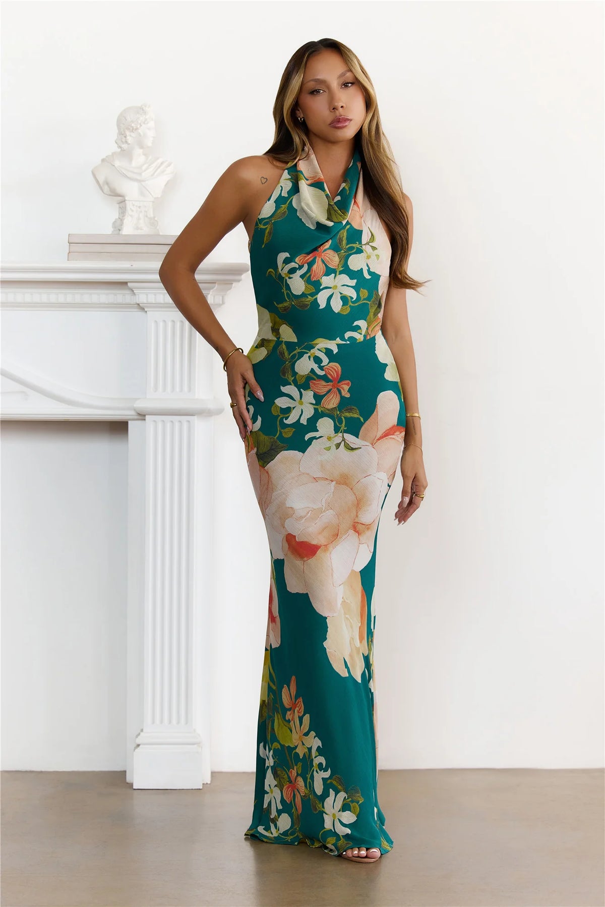 Dreamy Floral Cowl Neck Halter Maxi Dress Green
