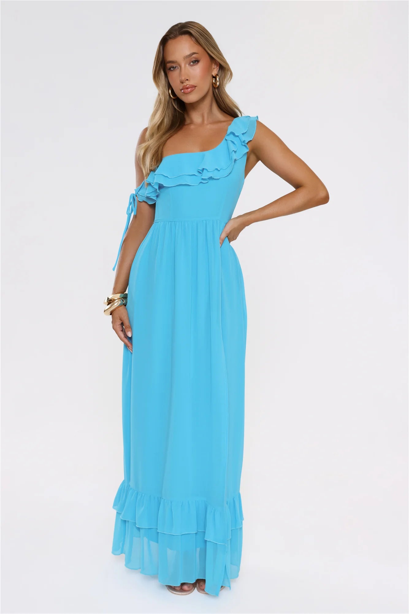 Diamond Horizon Off Shoulder Maxi Dress Blue