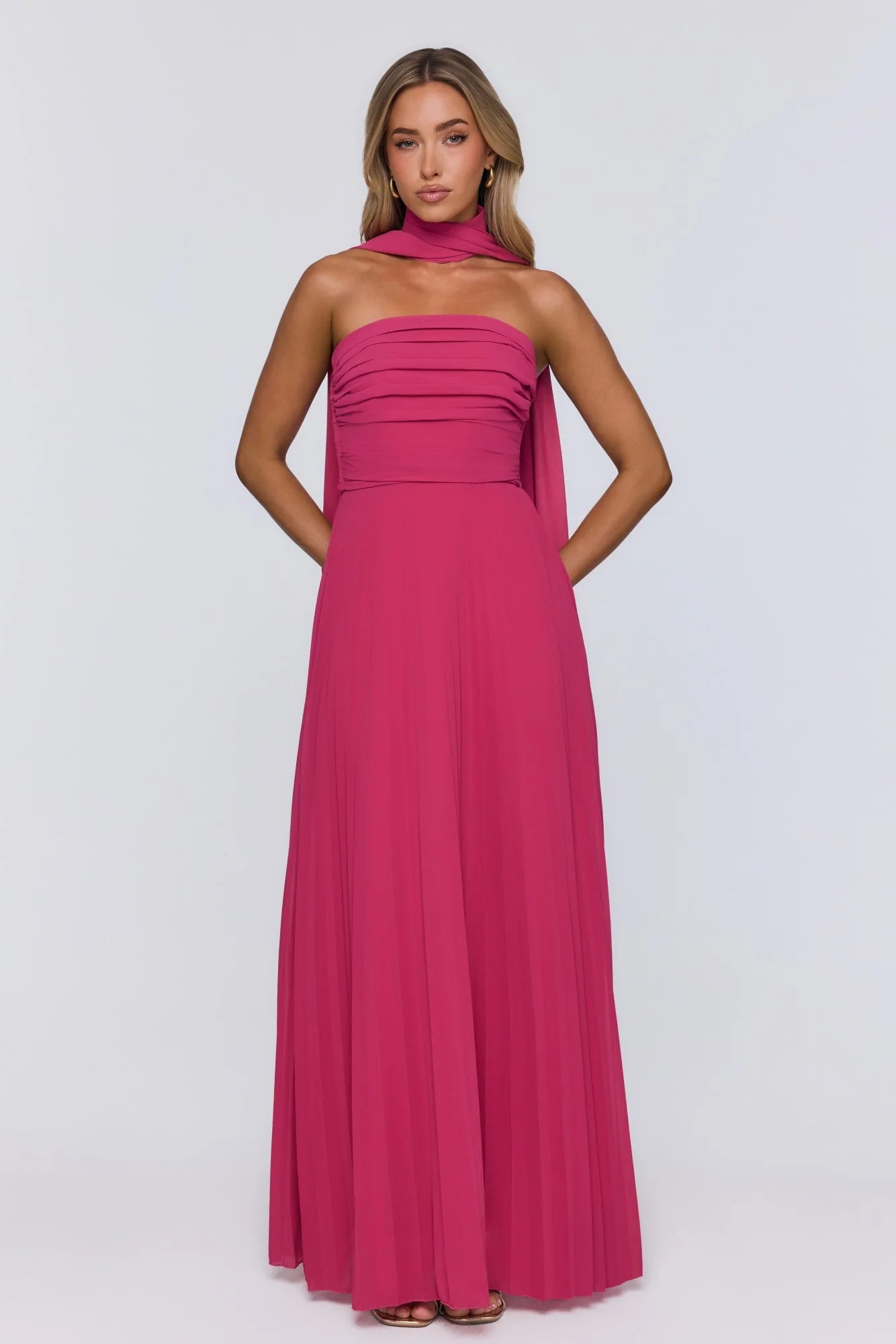 Sugar Babe Strapless Pleated Maxi Dress Magenta