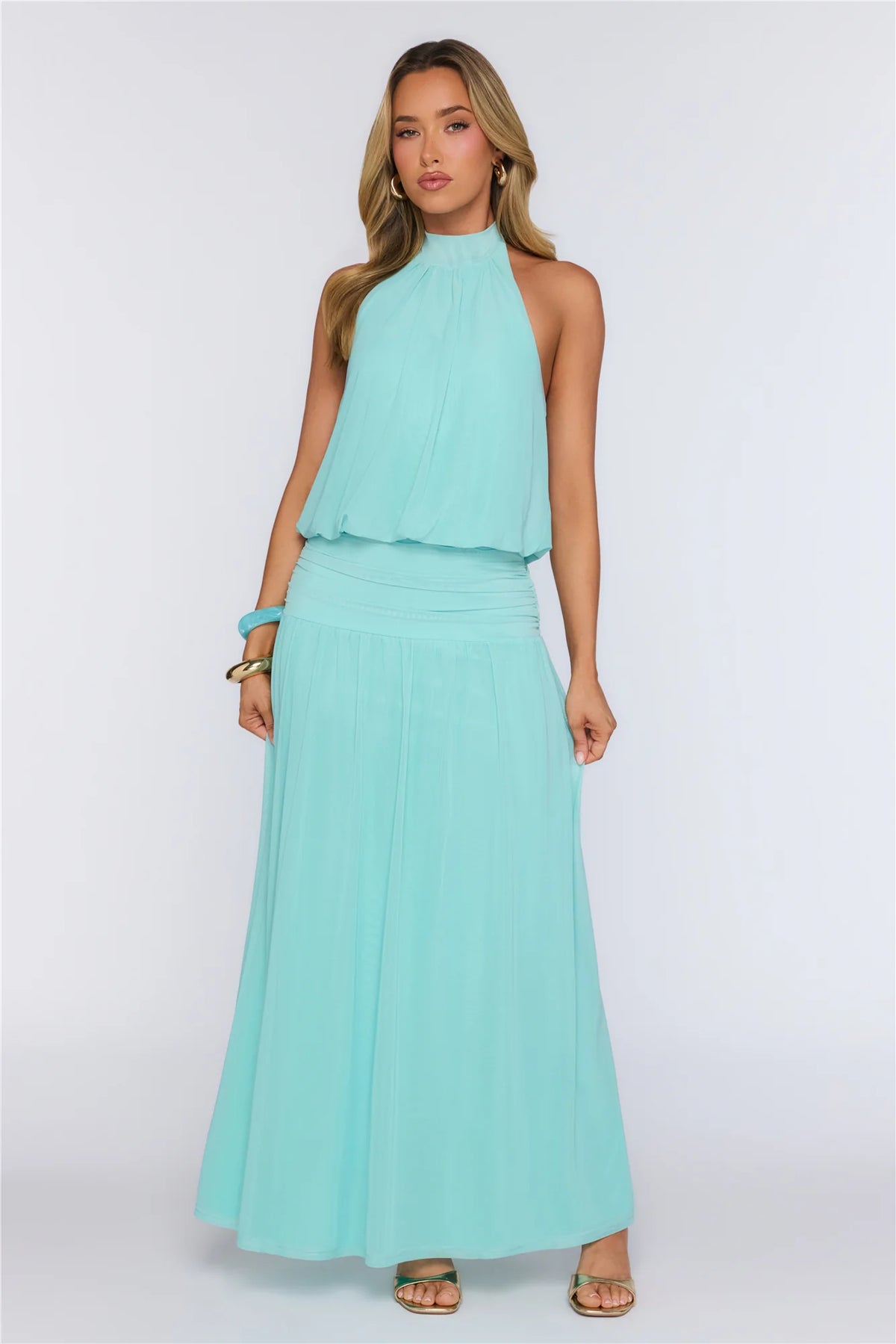 Dreamy Flowy Halter Maxi Dress Light Blue