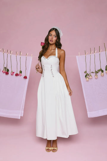 Vintage Fleur Halter Maxi Dress White