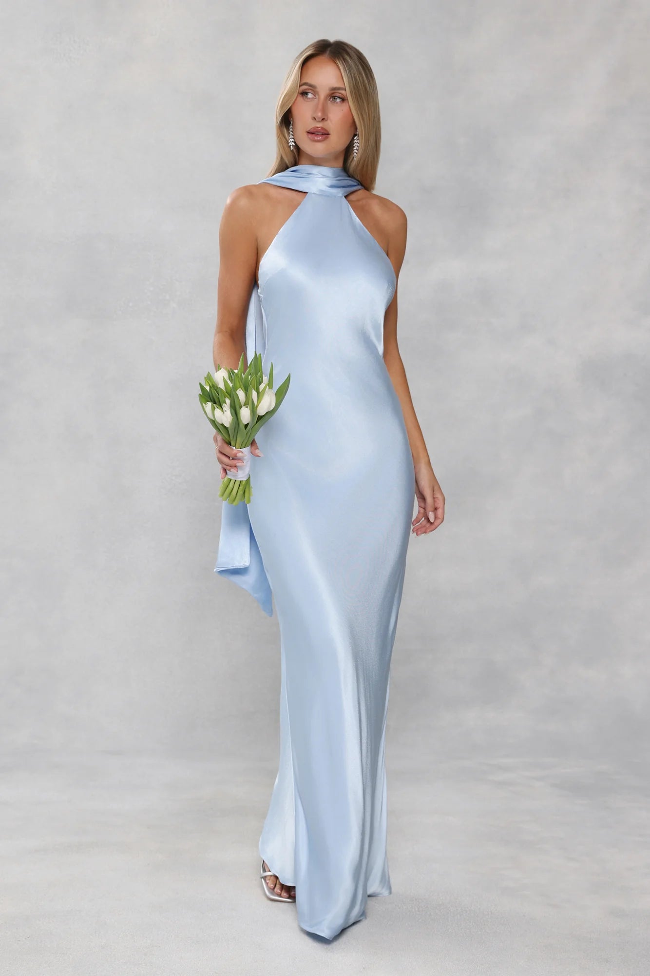 The Vivia Halter Satin Maxi Dress Light Blue