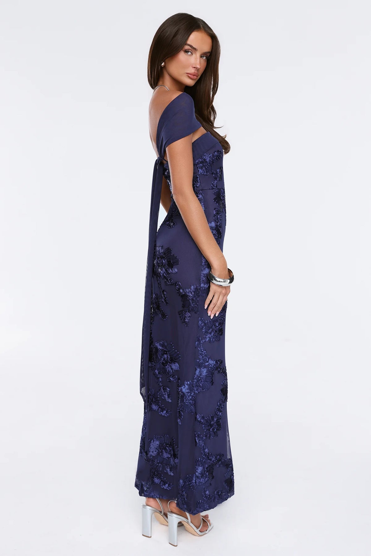 Worth the Plans Mesh Off Shoulder Maxi Dress Navy