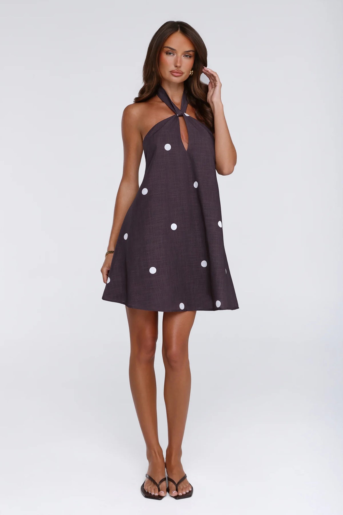 Starry Muse Polka Dot Halter Mini Dress Brown