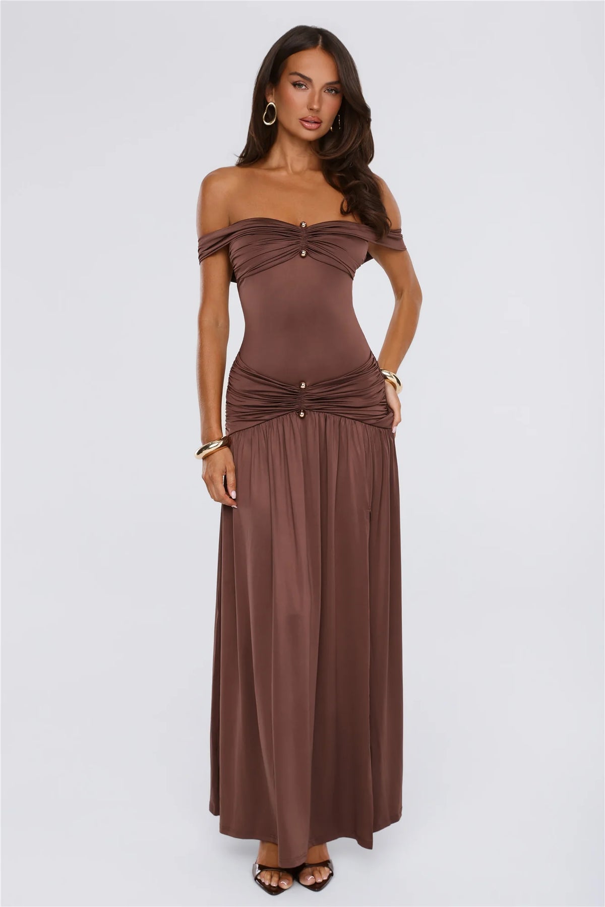 Under Your Charm Off Shoulder Maxi Dress Brown