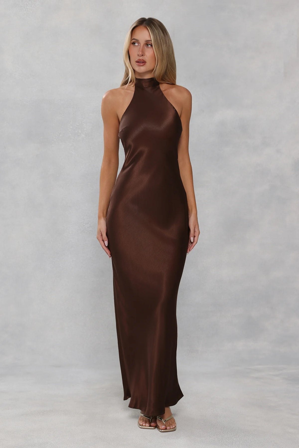 The Cleo Halter Satin Maxi Dress Chocolate Brown