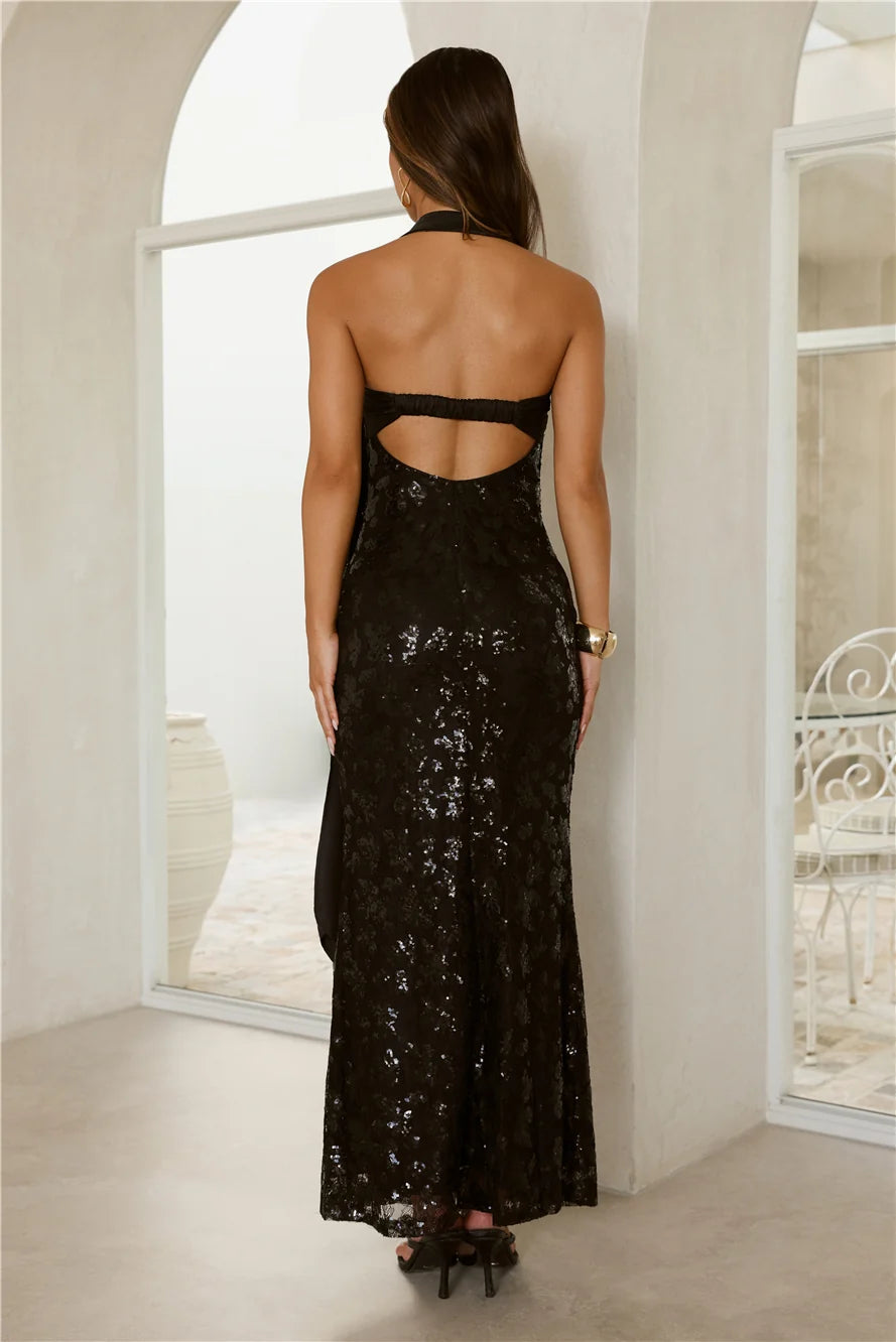 Sparkle Moon Lace Sequin Halter Maxi Dress Black