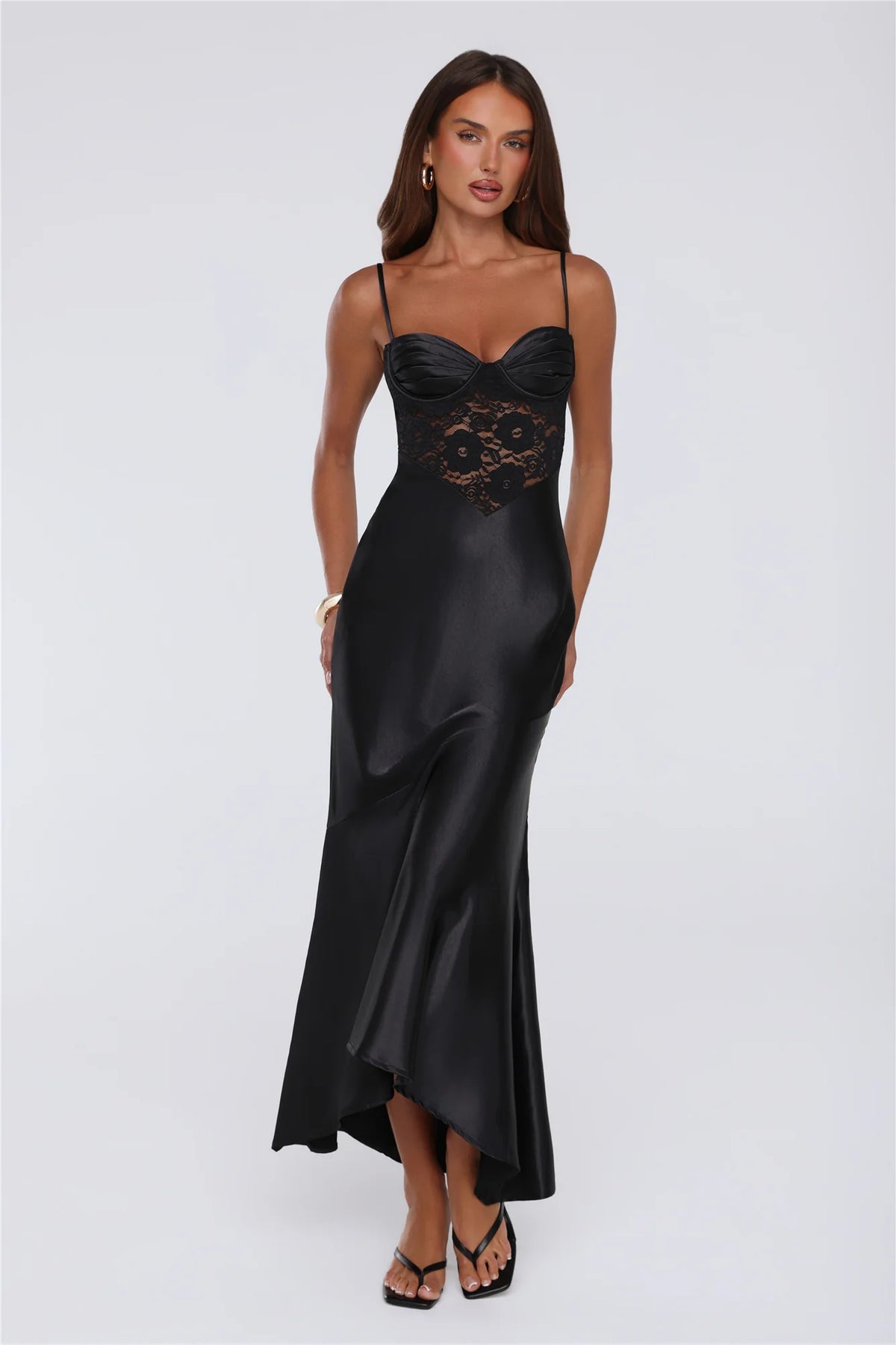 Sultry Horizon Satin Lace Maxi Dress Black