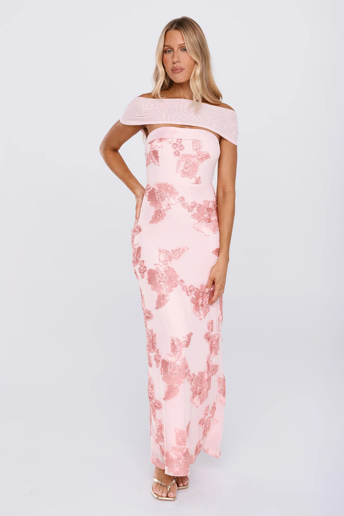 Worth the Plans Mesh Off Shoulder Maxi Dress Pink
