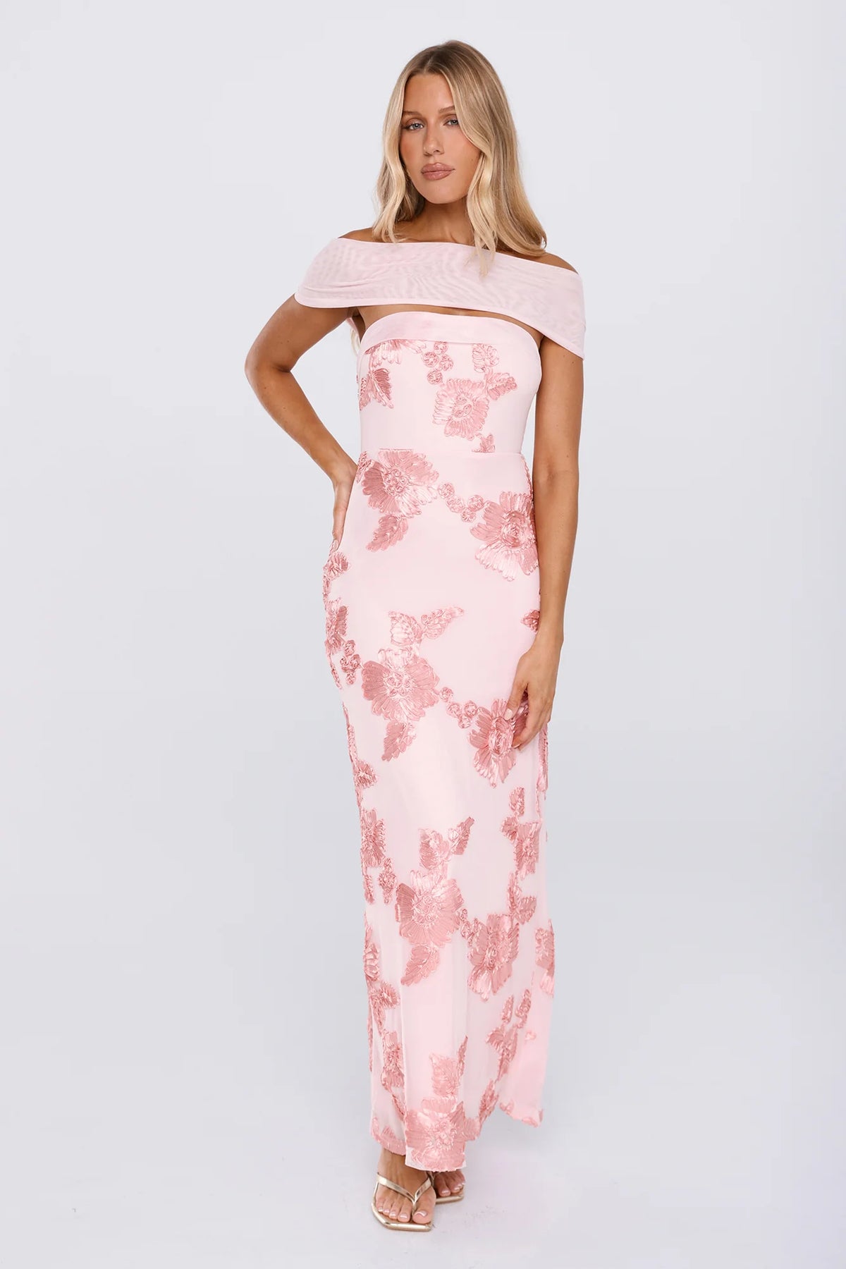 Worth the Plans Mesh Off Shoulder Maxi Dress Pink