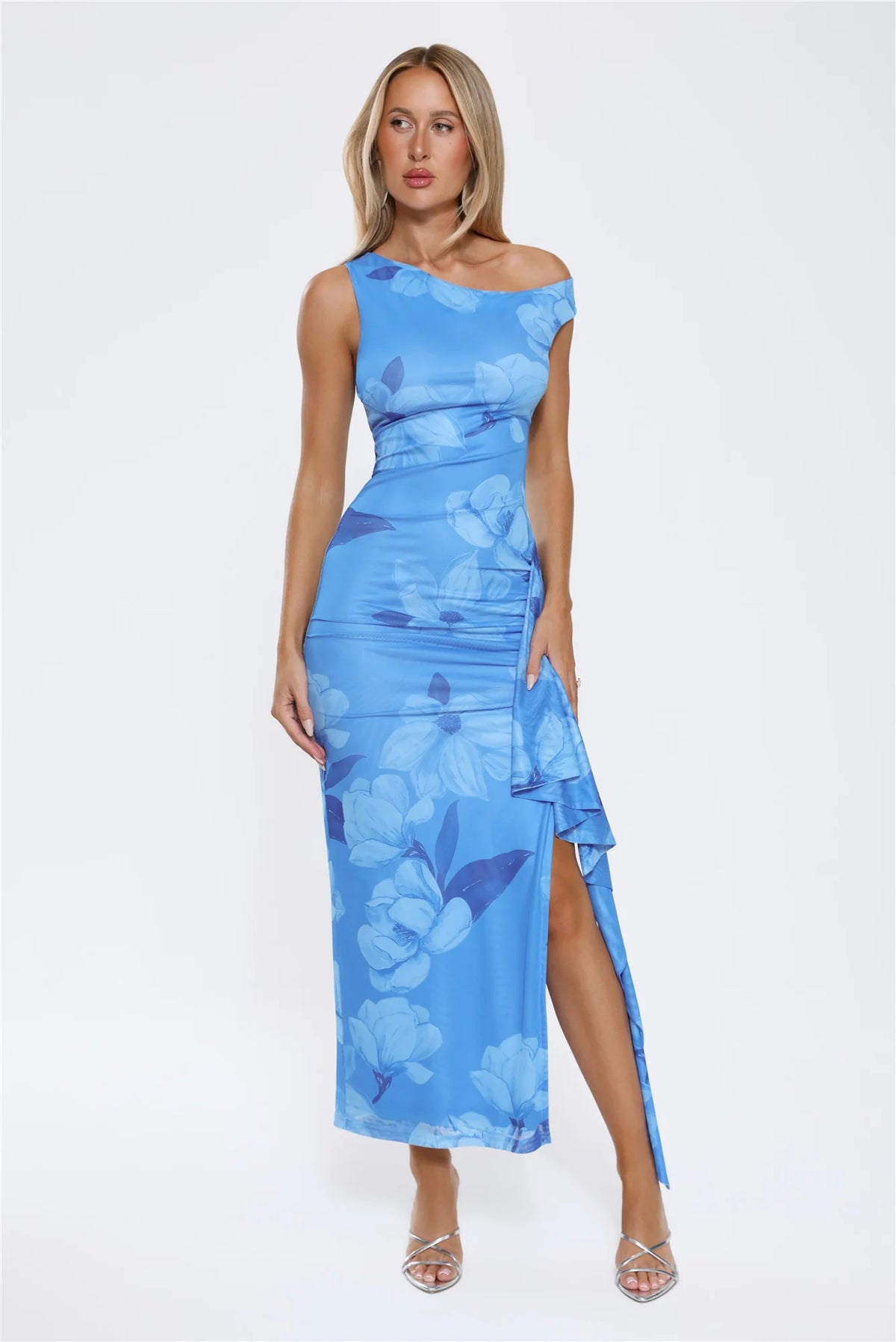 Ocean Bloom One Shoulder Mesh Maxi Dress Blue