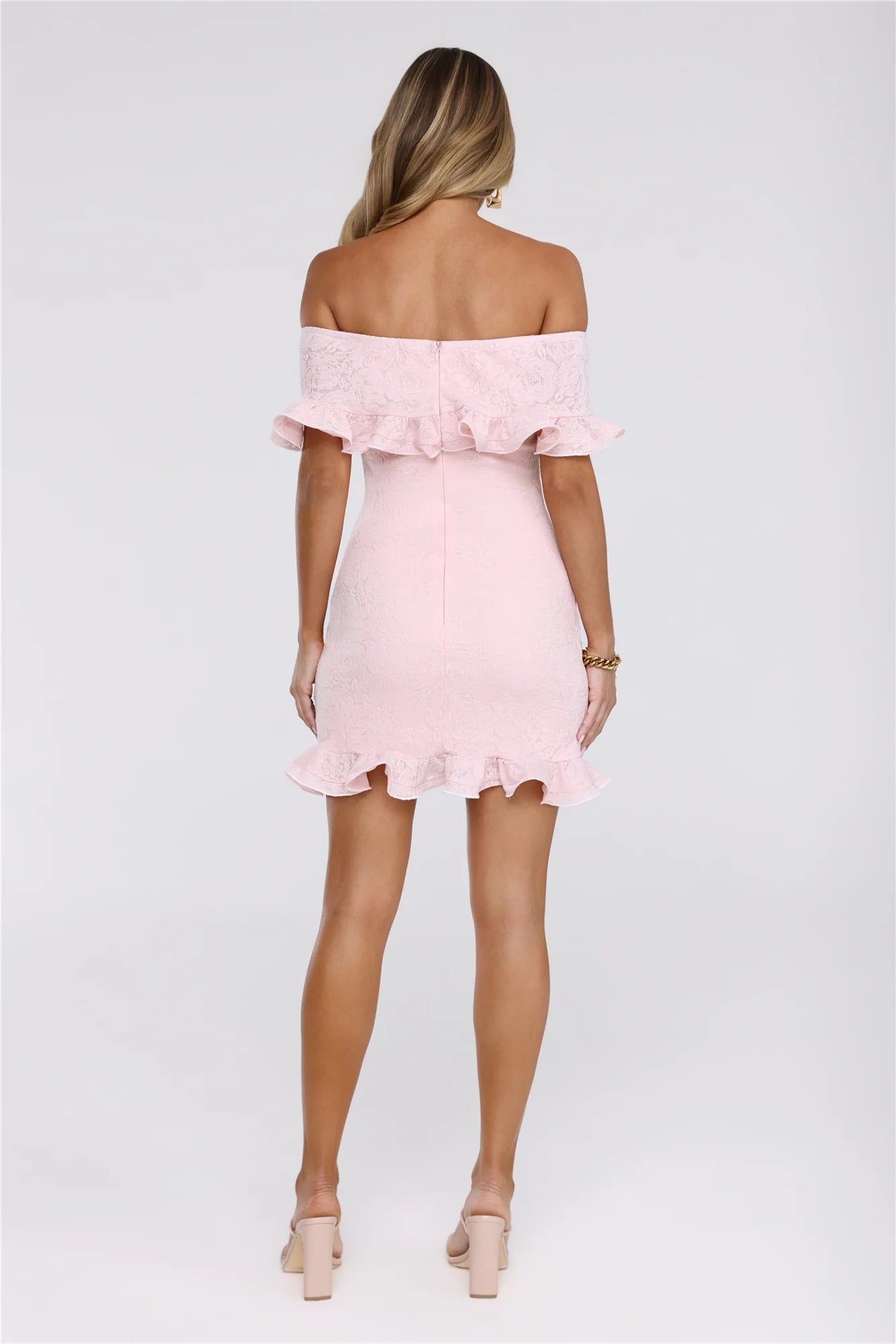 Glimmering Noir Off Shoulder Lace Mini Dress Pink