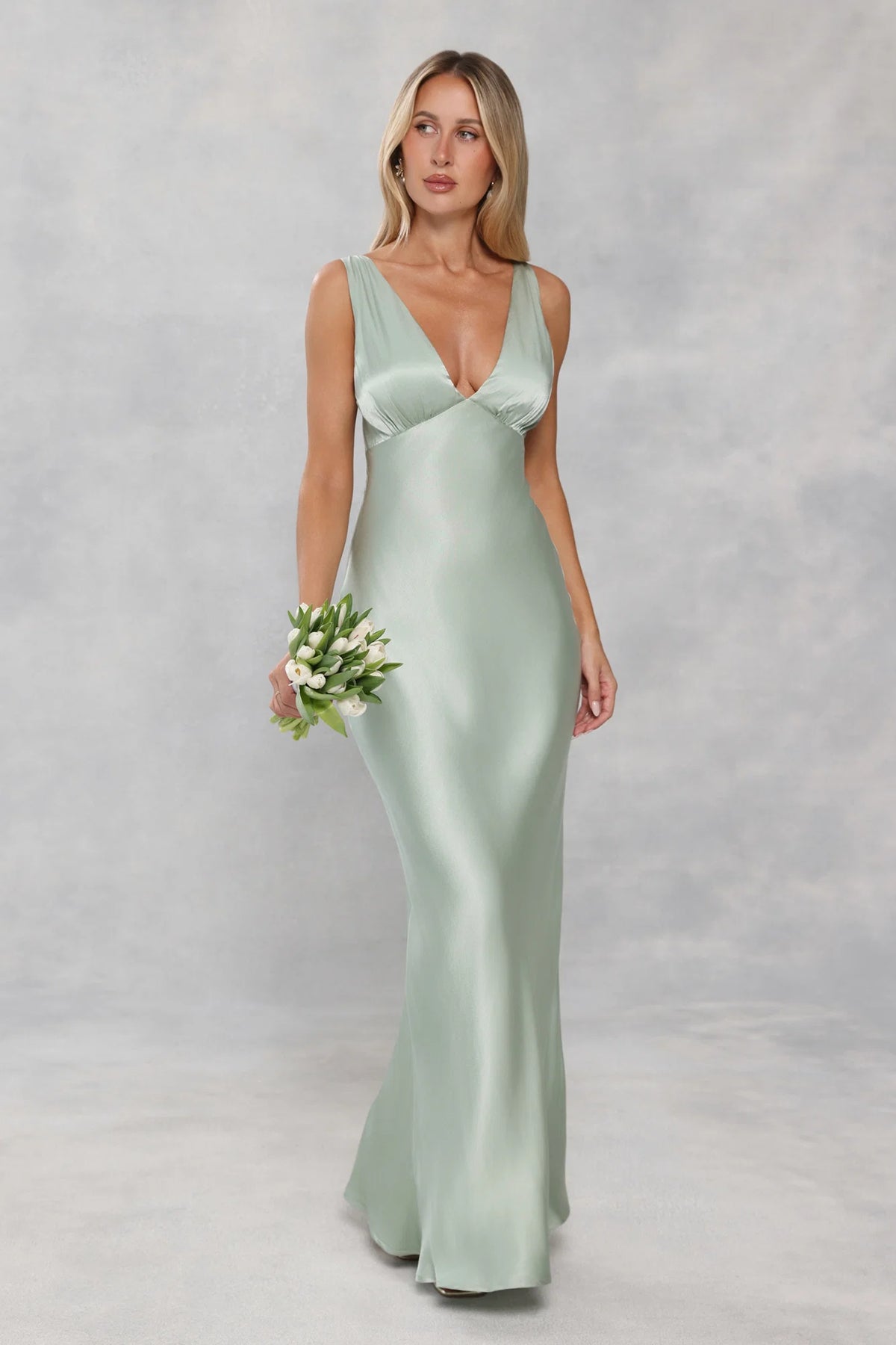 The Isabeau Satin Maxi Dress Sage Green