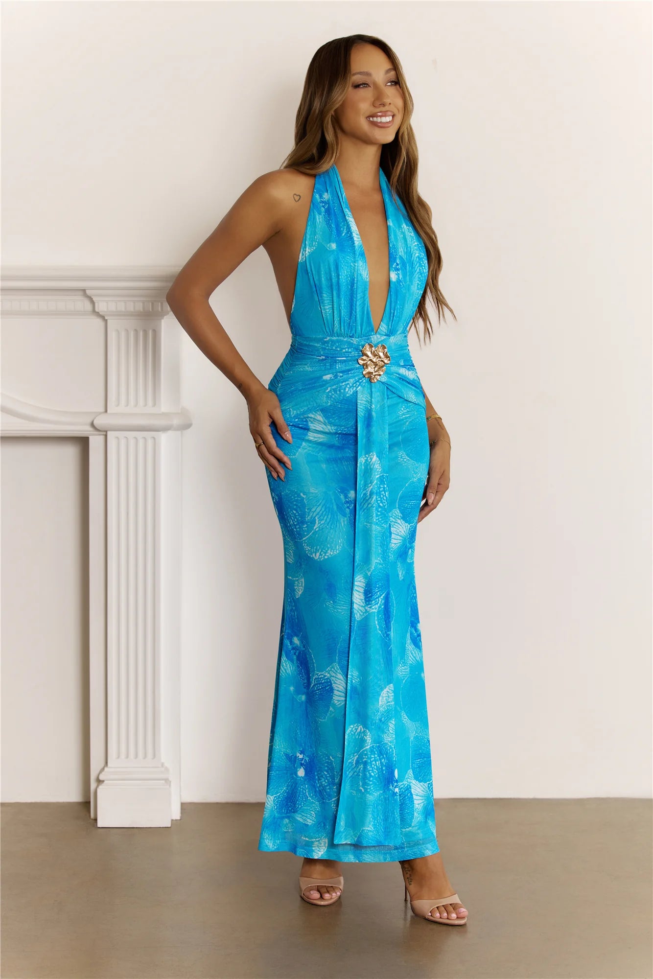 Pretty Wins Halter Mesh Maxi Dress Blue