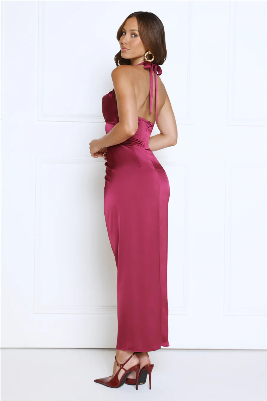 Dreamy And Sophisticated Satin Halter Midi Dress Wine