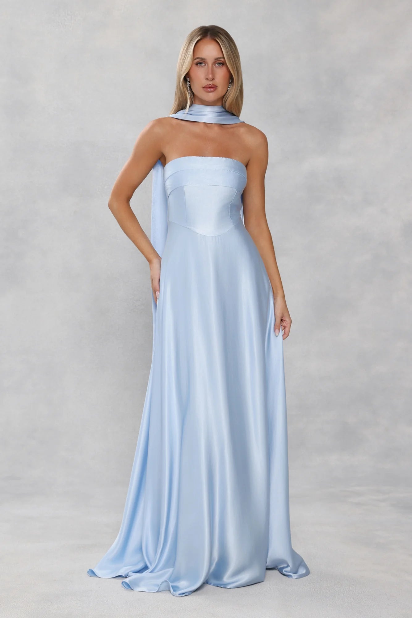 The Serina Strapless Satin Maxi Dress Light Blue