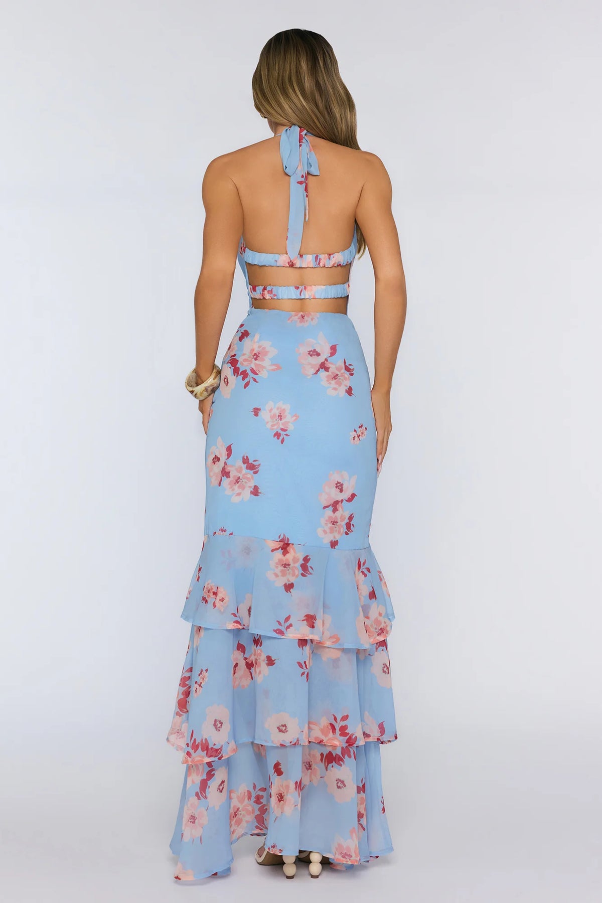 Floral Halter Twist Detail Tiered Maxi Dress Blue