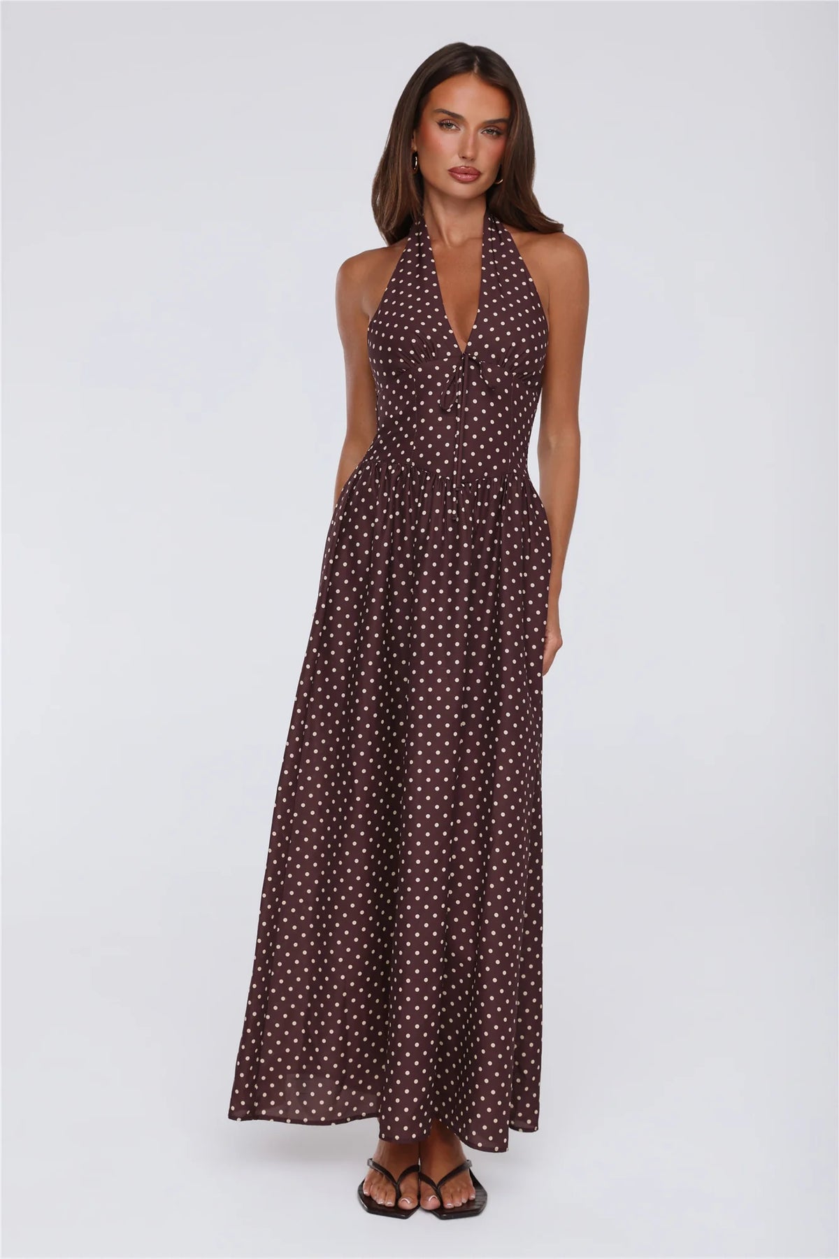 Yes To Polka Dots Halter Maxi Dress Brown