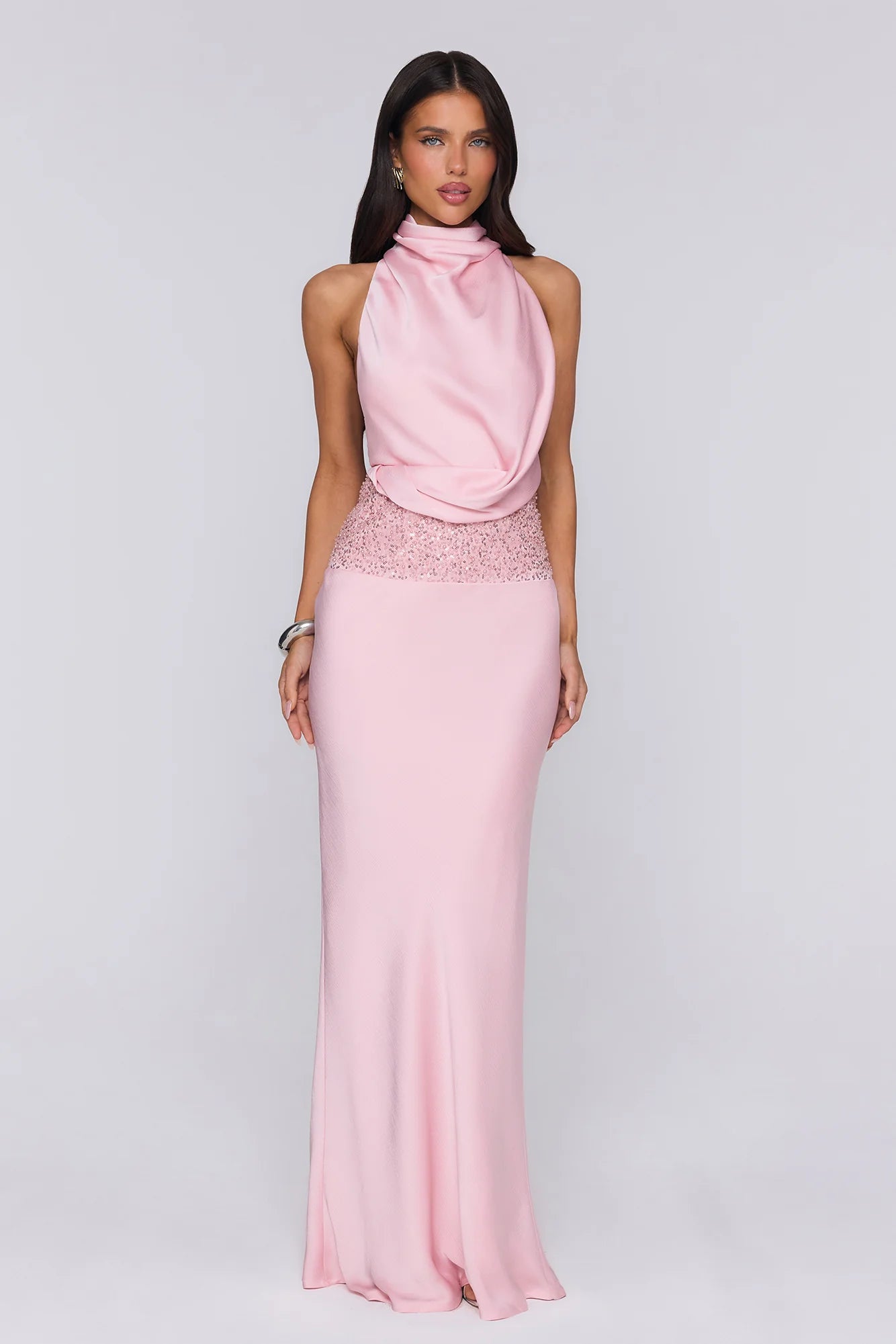 Gossip And Glitter Halter Satin Maxi Dress Blush