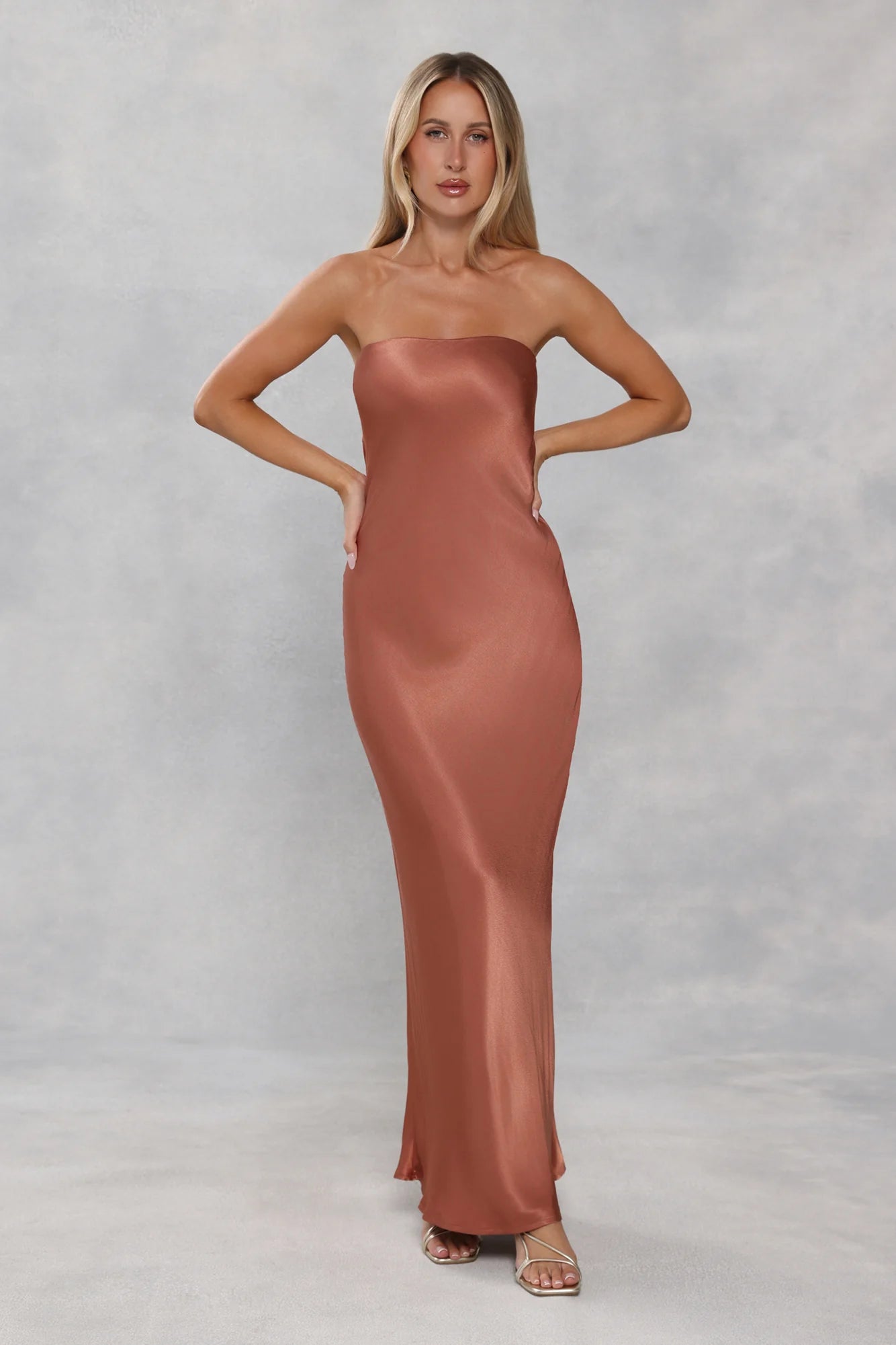 The Felicity Strapless Satin Maxi Dress Bronze