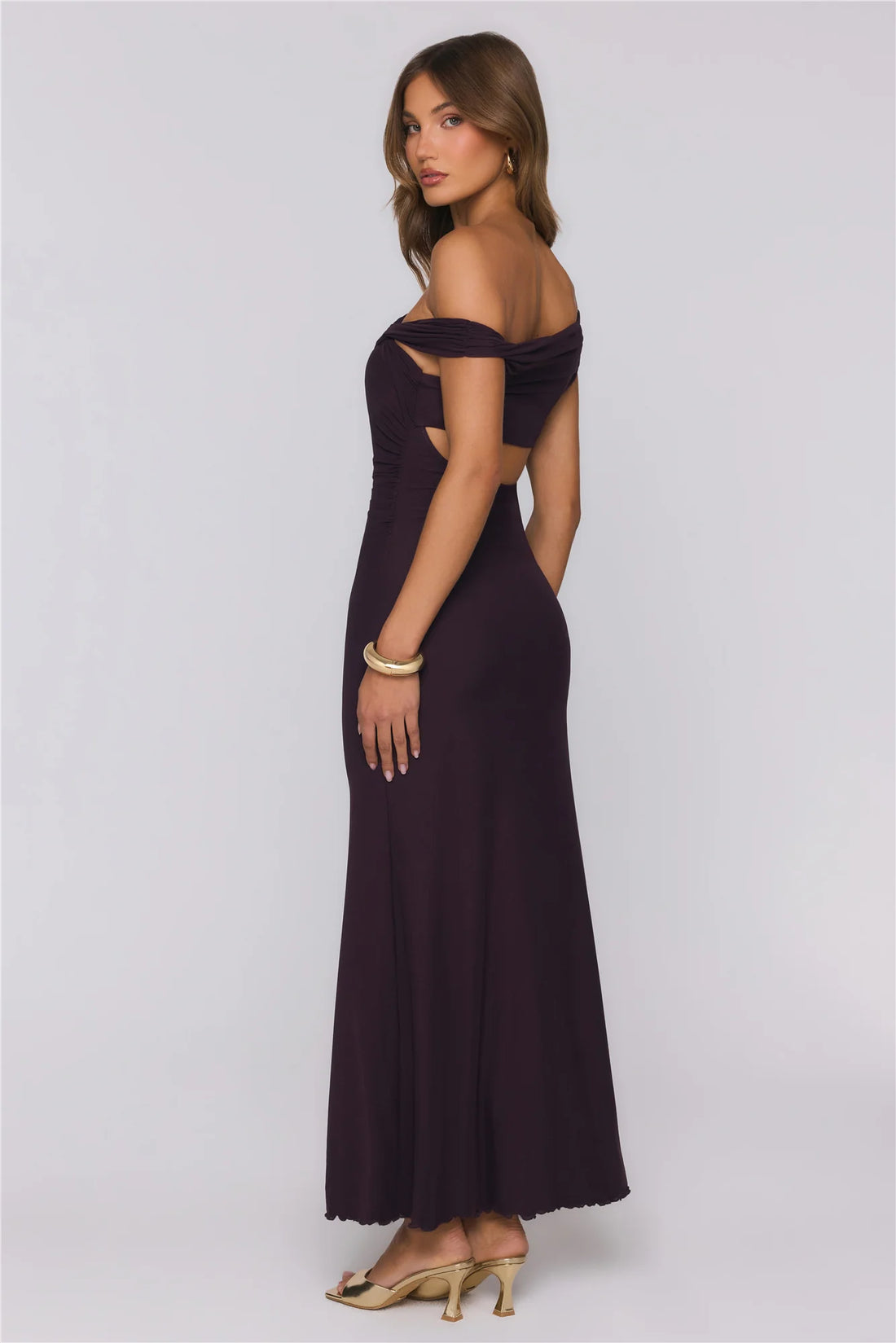 Yacht Club Dreams Mesh Off Shoulder Maxi Dress Deep Plum