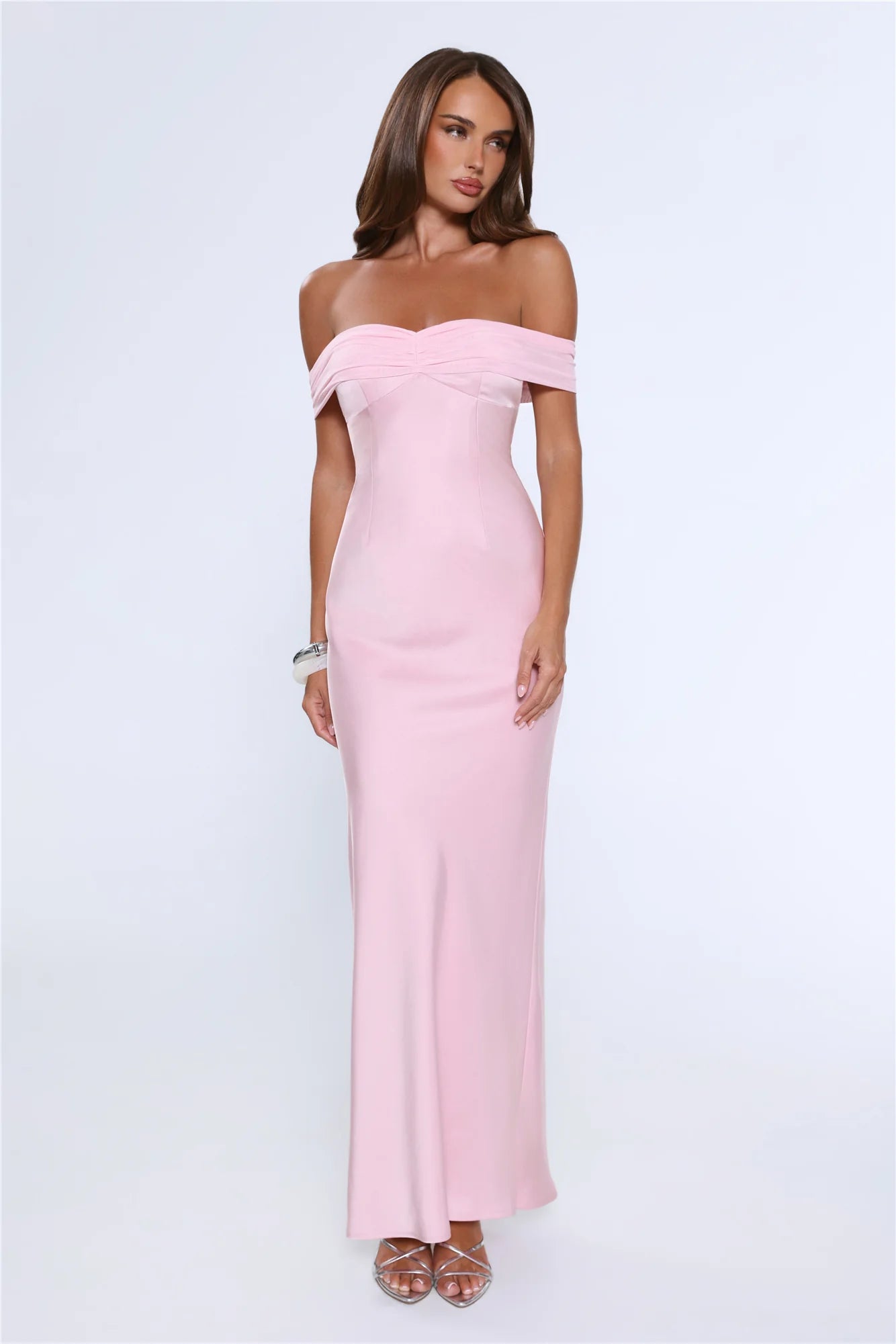 The Sophisticate Off Shoulder Maxi Dress Pink