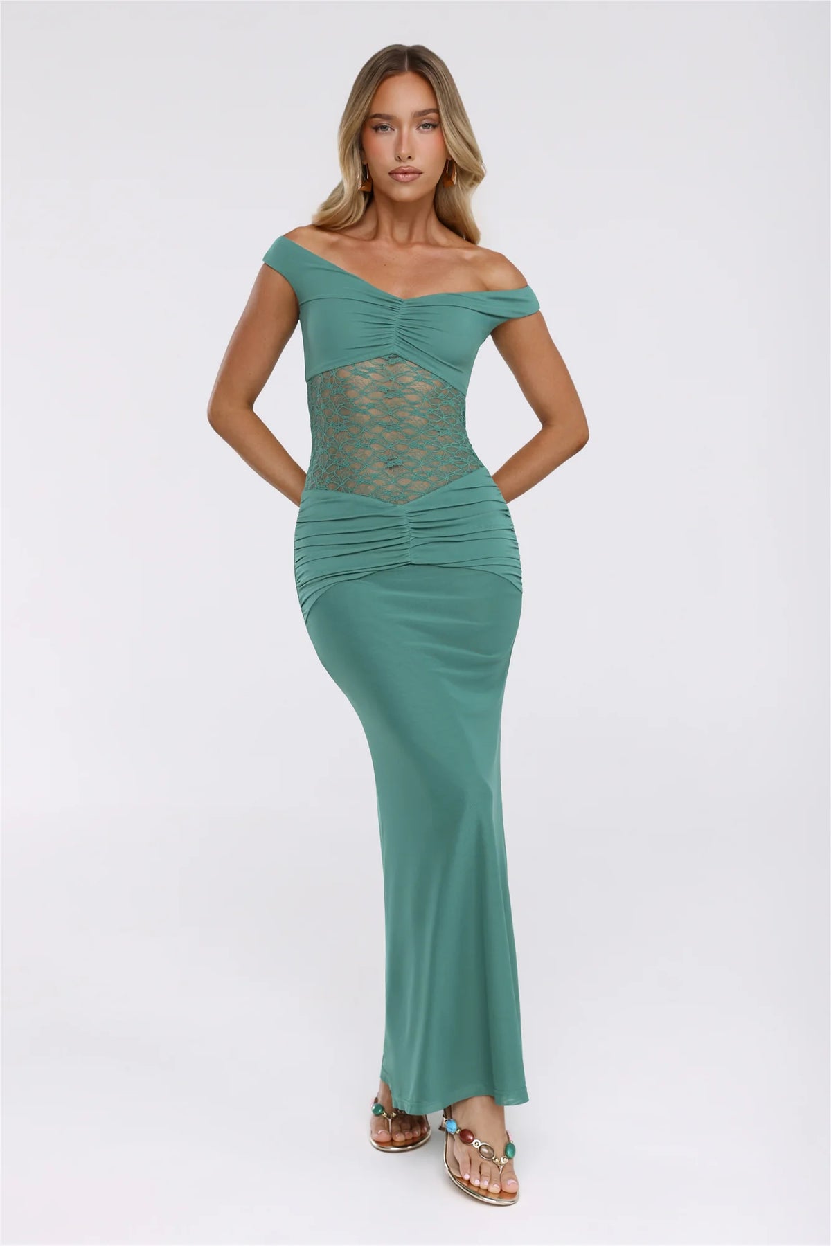Grace Notes Off Shoulder Mesh Maxi Dress Teal