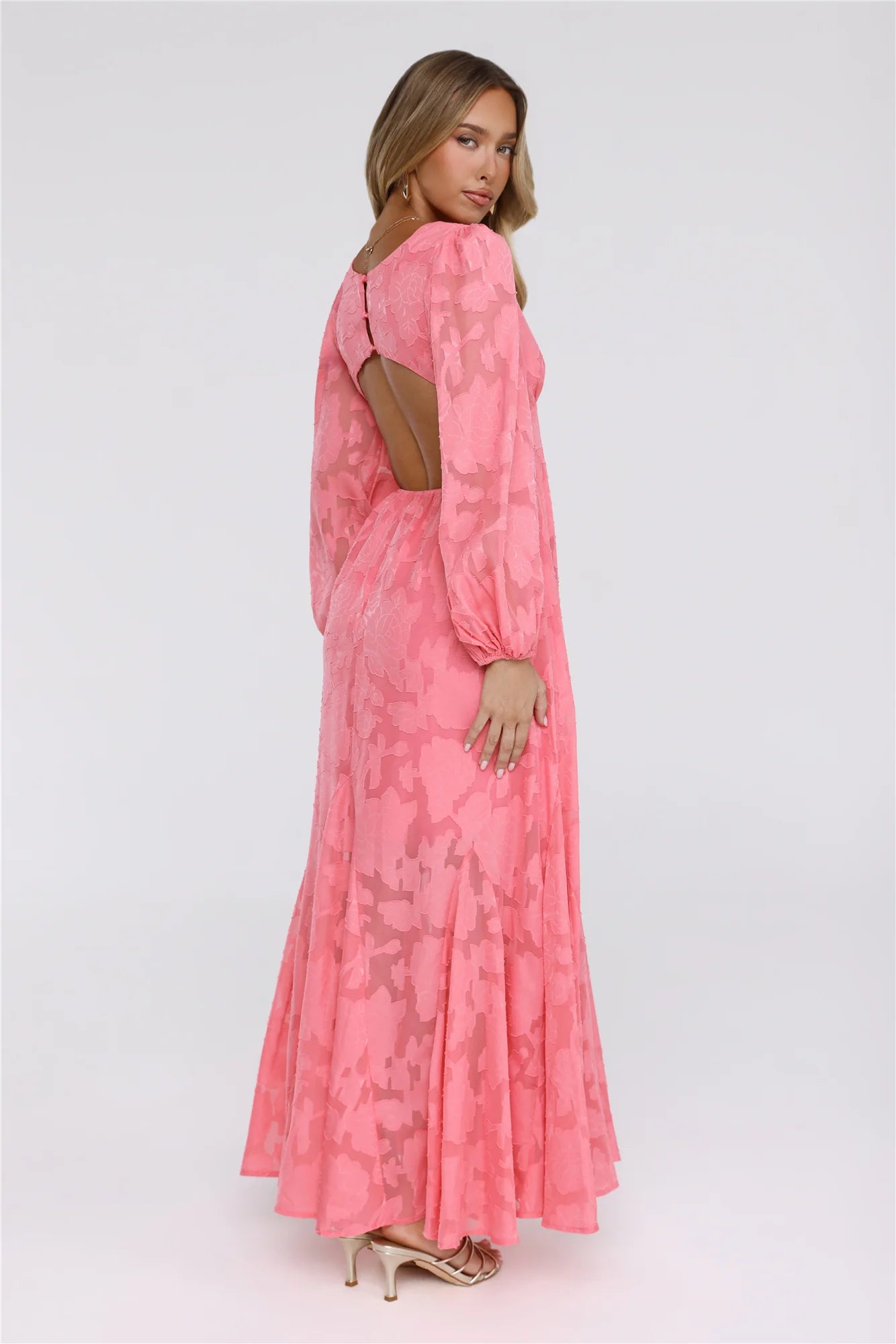Glow Blossom Long Sleeve Maxi Dress Coral