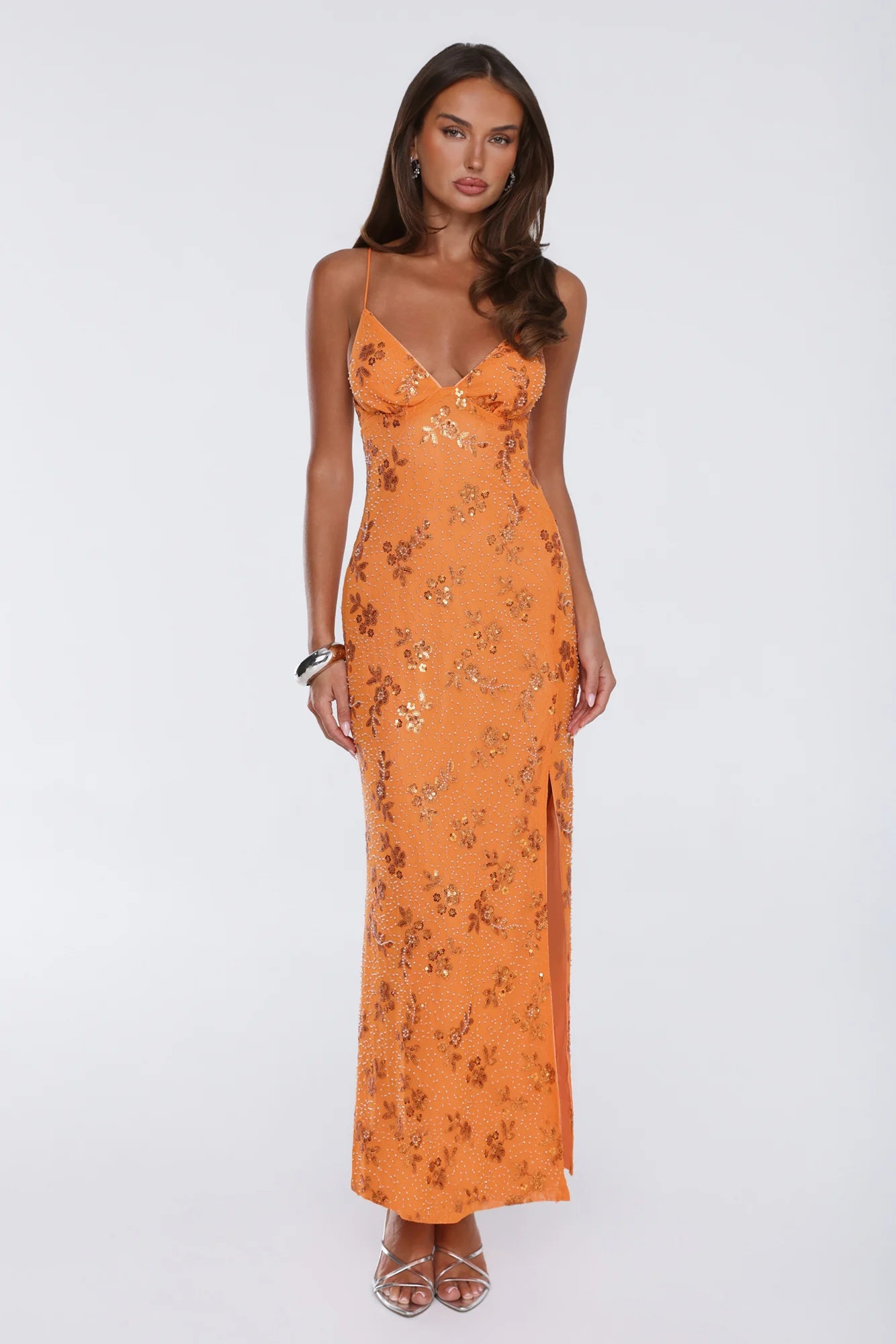 Stay Magnetic Mesh Beaded Maxi Dress Orange