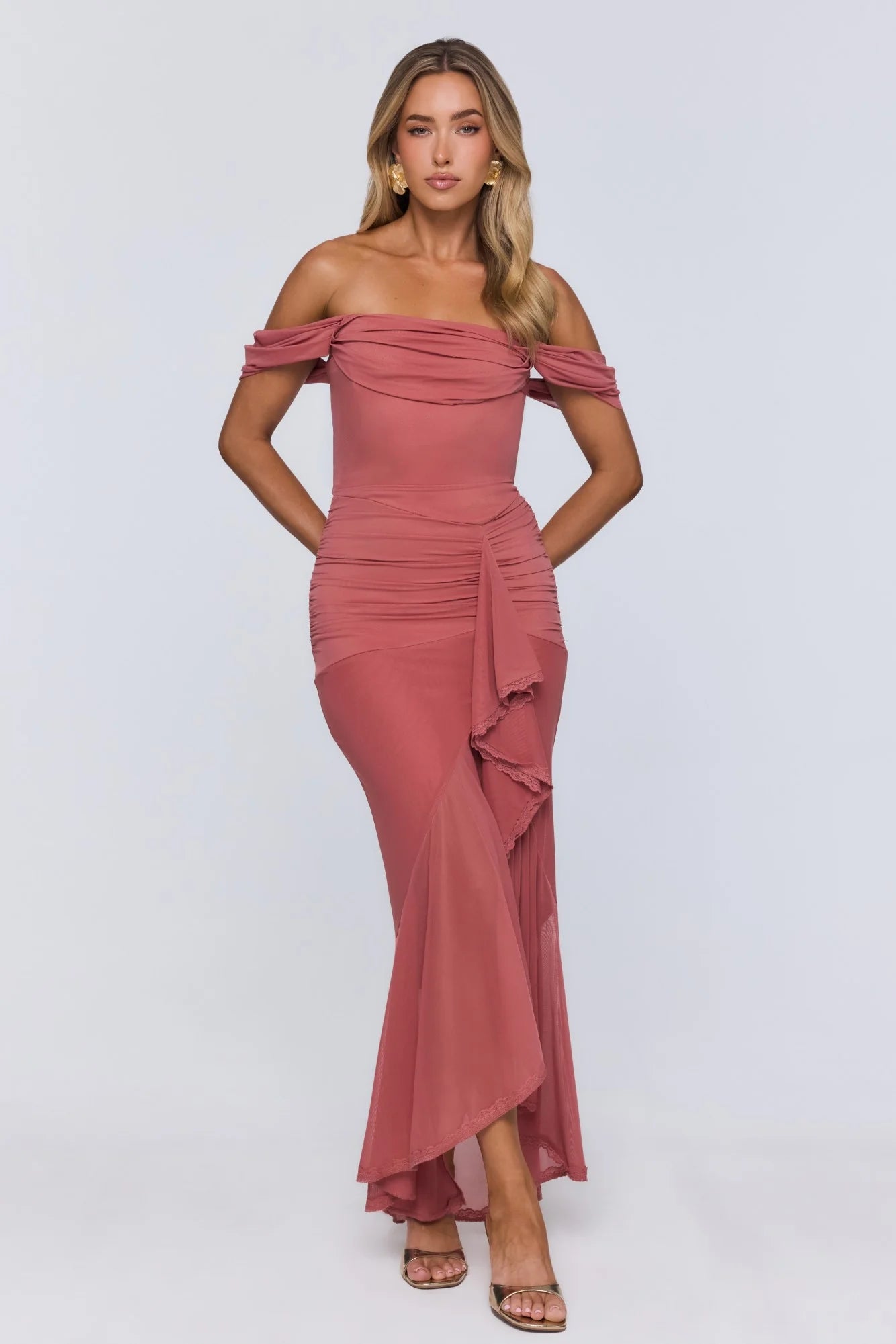 The Style Structure Mesh Off The Shoulder Maxi Dress Rose