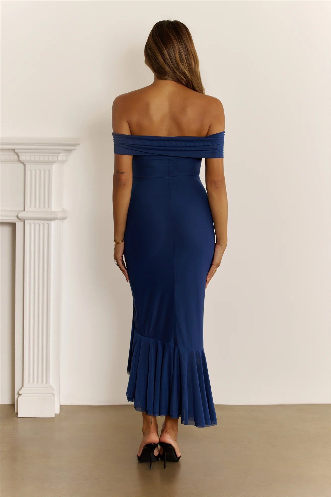 Daily Glow Off Shoulder Mesh Midi Dress Navy