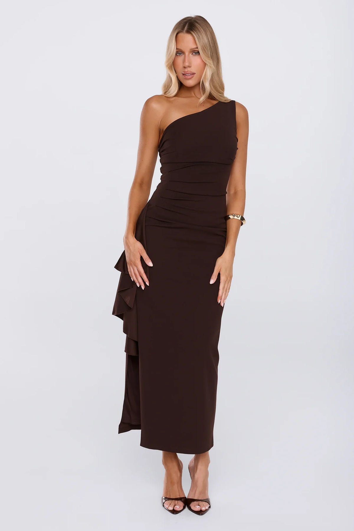 Chic One Shoulder Ruched Drape Maxi Dress Chocolate