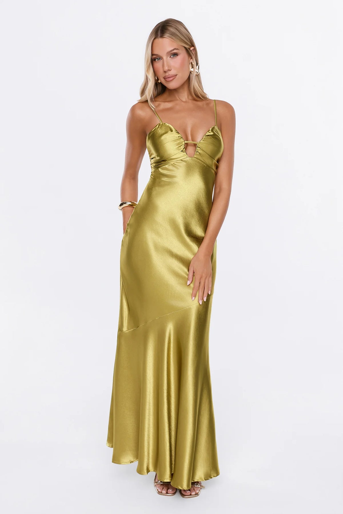 She Gets It Satin Maxi Dress Olive