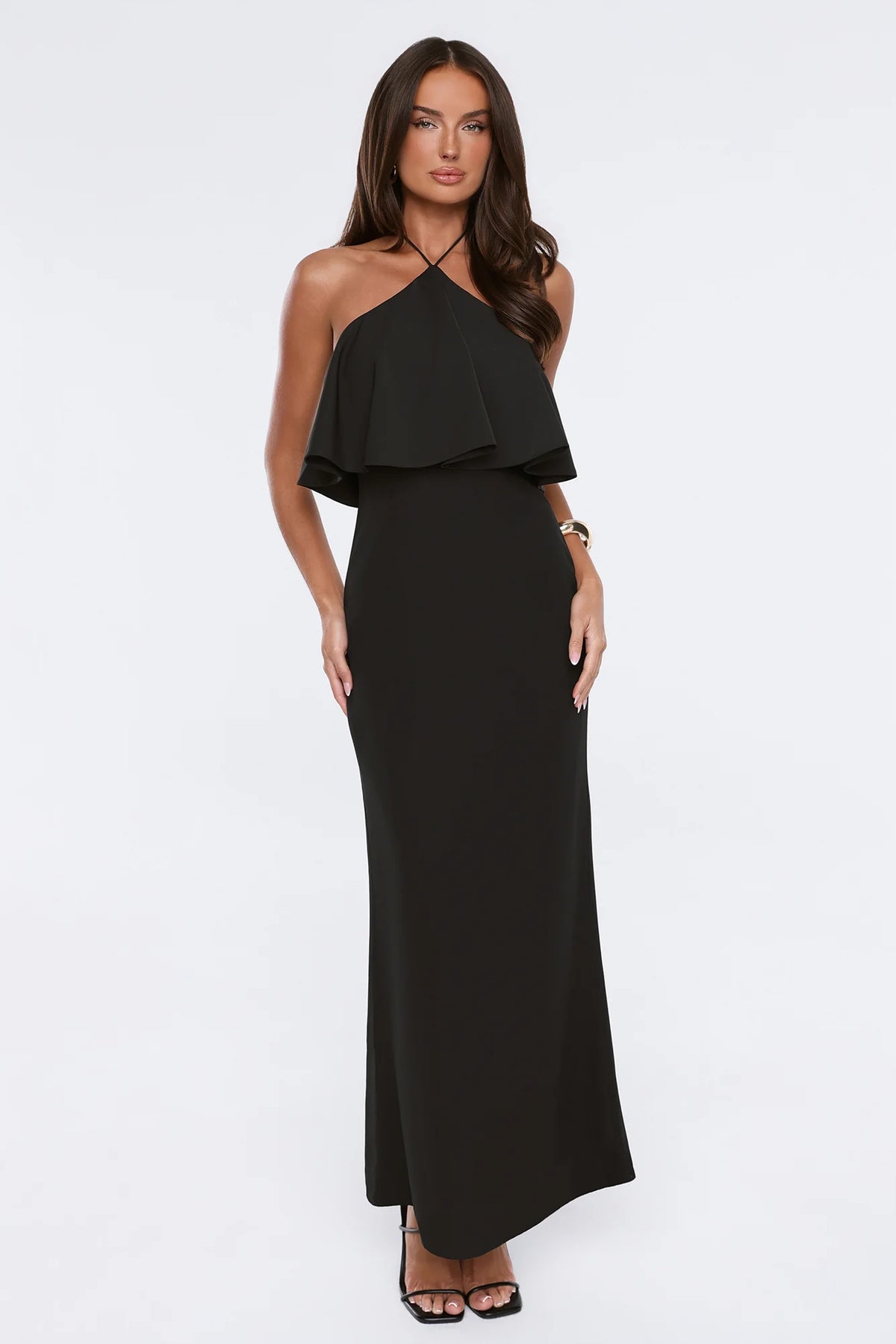 Silken Radiance Halter Maxi Dress Black