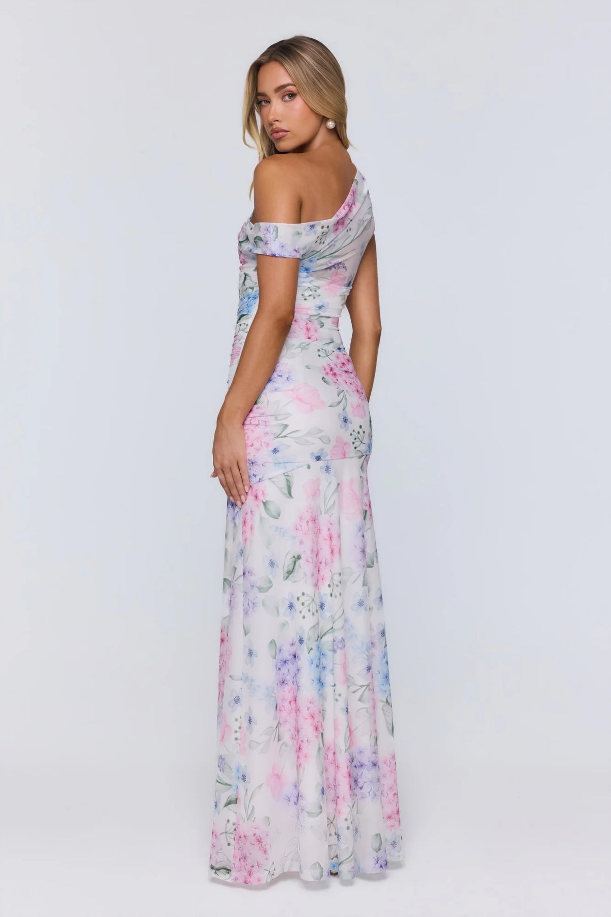 Soft Launch Energy Mesh Off Shoulder Maxi Dress Floral